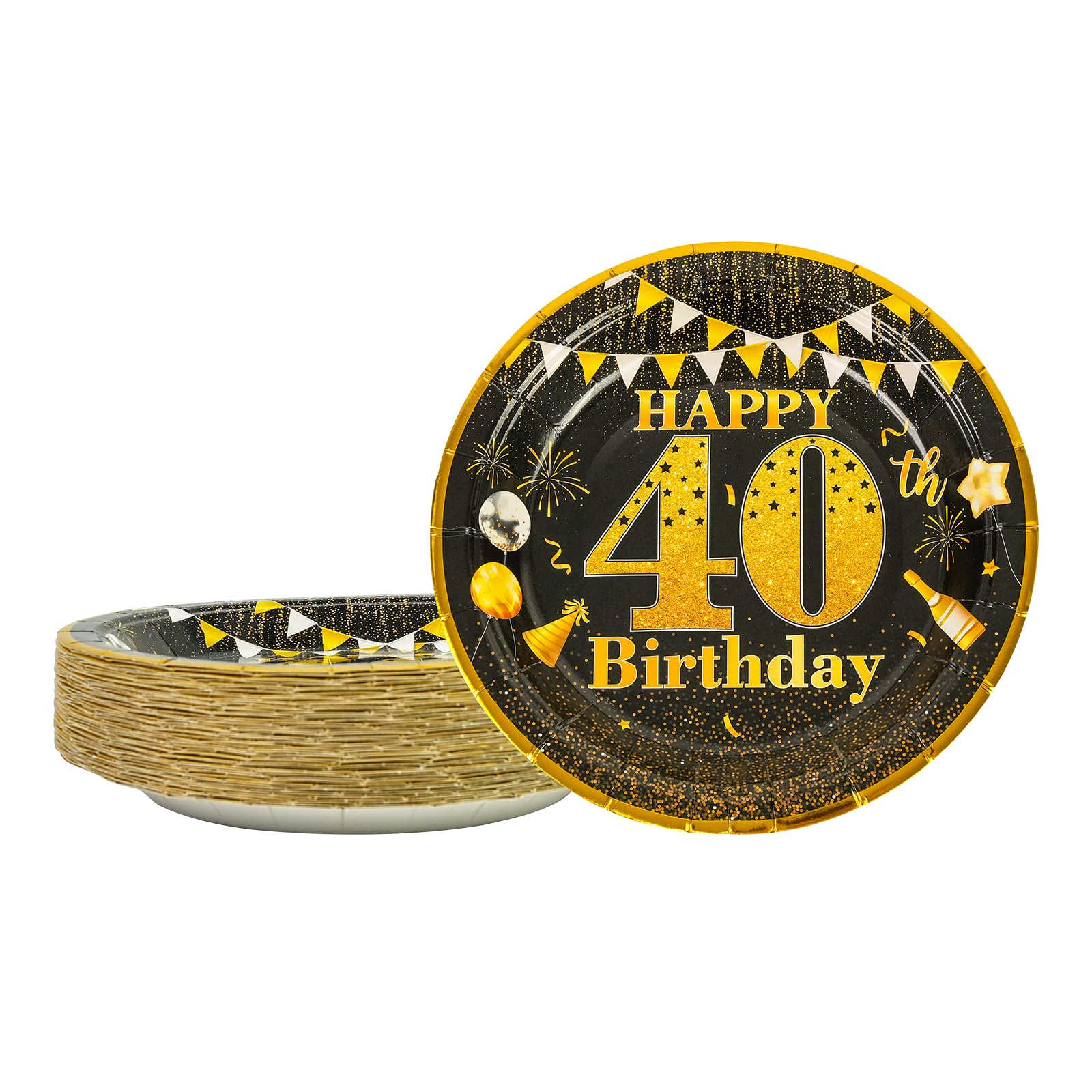 LDFDRT 40th Party Paper Plates - 50 Pcs 7" Black Gold Tableware Set for Happy Birthday Decorations and Supplies