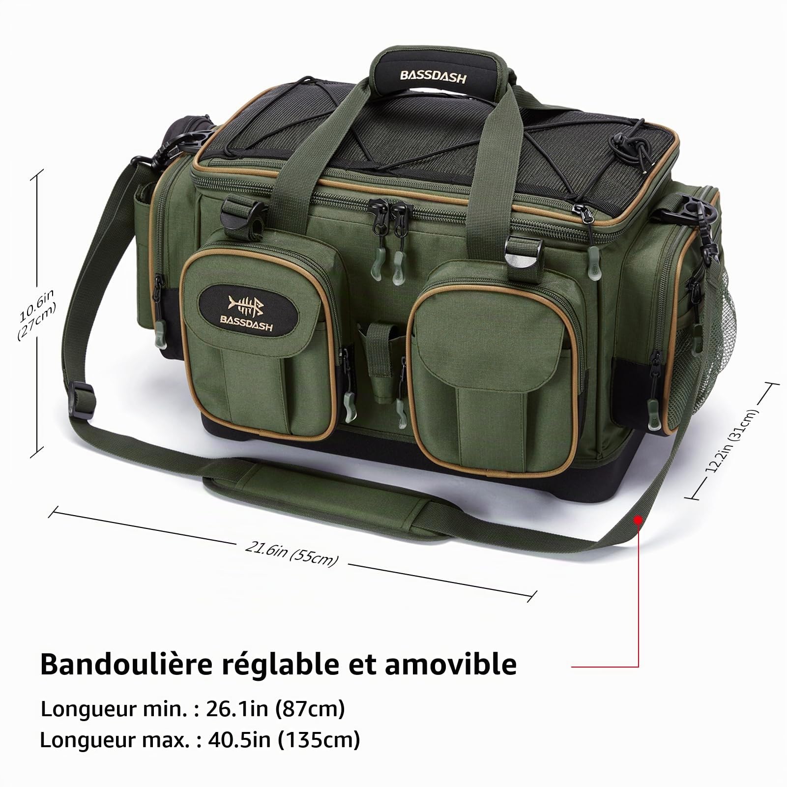 Bassdash Sac de Peche à Bandoulière Grande Capacité，Sac de Rangement Léger et Résistant à l'eau avec Housse de Pluie à Fond Moulé Rigide