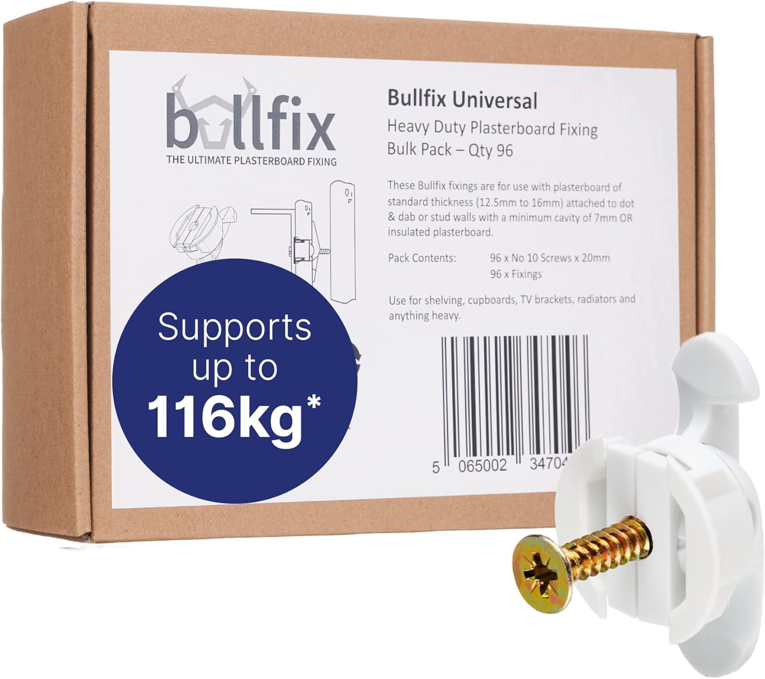 Bullfix 'Universal' 96 Pack Heavy Duty Plasterboard Fixings, Drywall