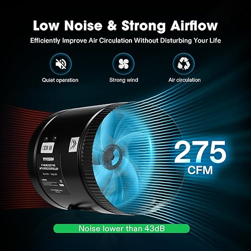 Miniatura 3 de VIVOSUN Ventilador de conducto de refuerzo en línea de 6 pulgadas, 275 CFM con controlador de velocidad, ventilador de ventilación de escape HVAC
