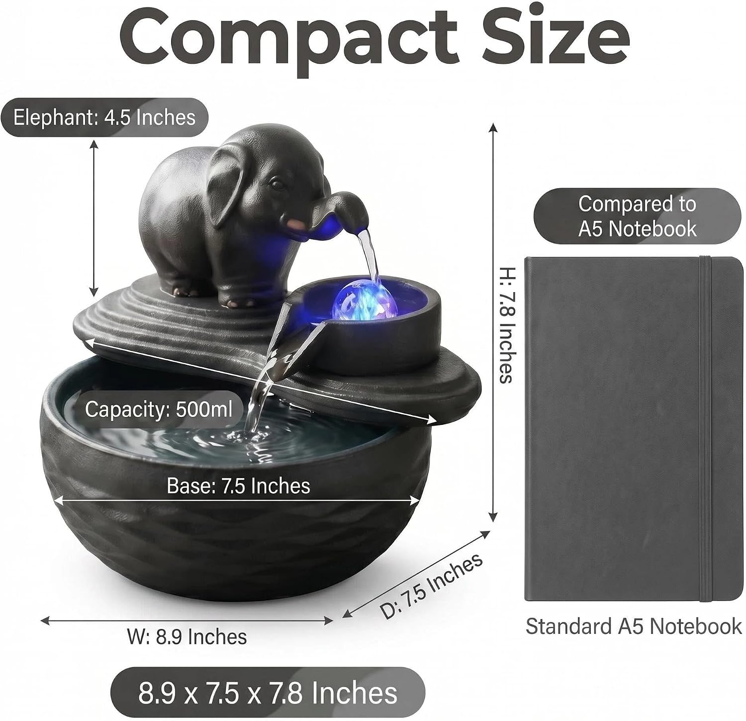 7.8" Ceramic Small Elephant Tabletop Water Fountain with LED Light | Indoor Fountain, Desktop Waterfall with Pump, Crystal Ball & Crystal Stones, Zen Home Decor for Living Room Office Bedroom