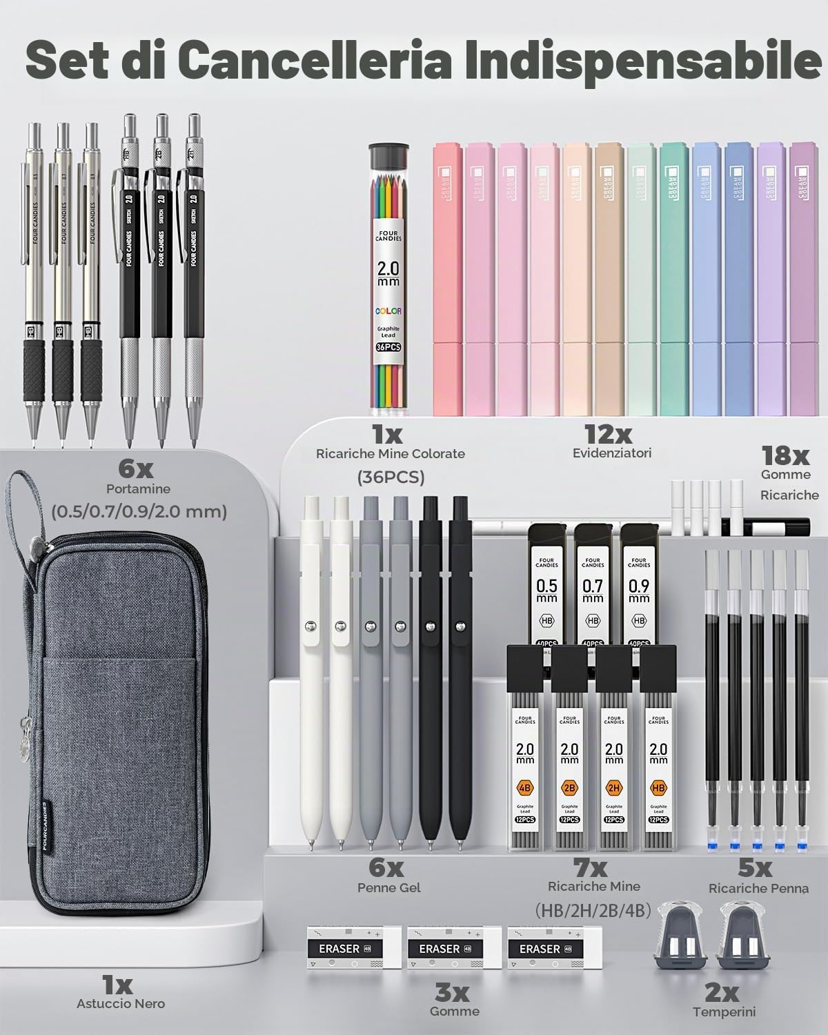 Four Candies Set di 45 Pezzi Forniture Scolastiche Estetiche con Grazioso Astuccio, 12 Evidenziatori Pastello, 5 Penne Gel Inchiostro Nero, 6 Set di Matite Meccaniche per Studenti Cancelleria