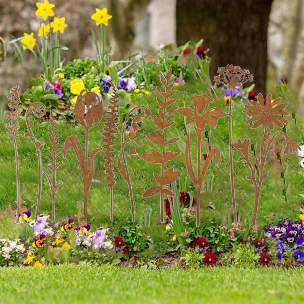 10 Pezzi Decorazioni da Giardino in Metallo Arrugginito, Fiori Rustici per Esterni, 10 Design Unici, Installazione a Pressione Senza Attrezzi, per Aiuole, Vasi, Sentieri, Cortile