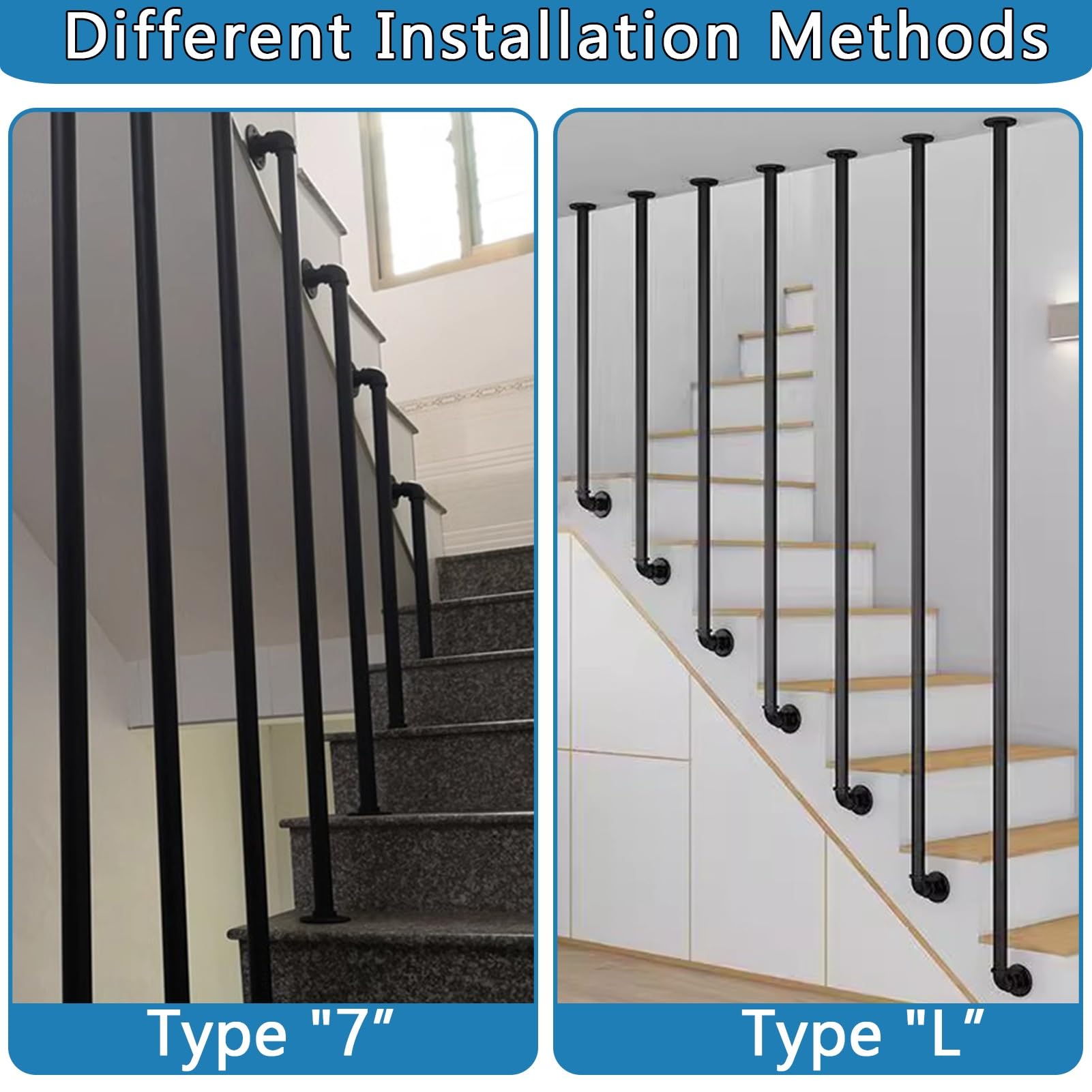 Barandilla de Escalera en Forma de L, pasamanos de Escalera, Barra de Apoyo, Tubo Redondo de Hierro Forjado Negro de 1 a 5 pies (105 cm/3,4 pies) para Interiores y Exteriores.