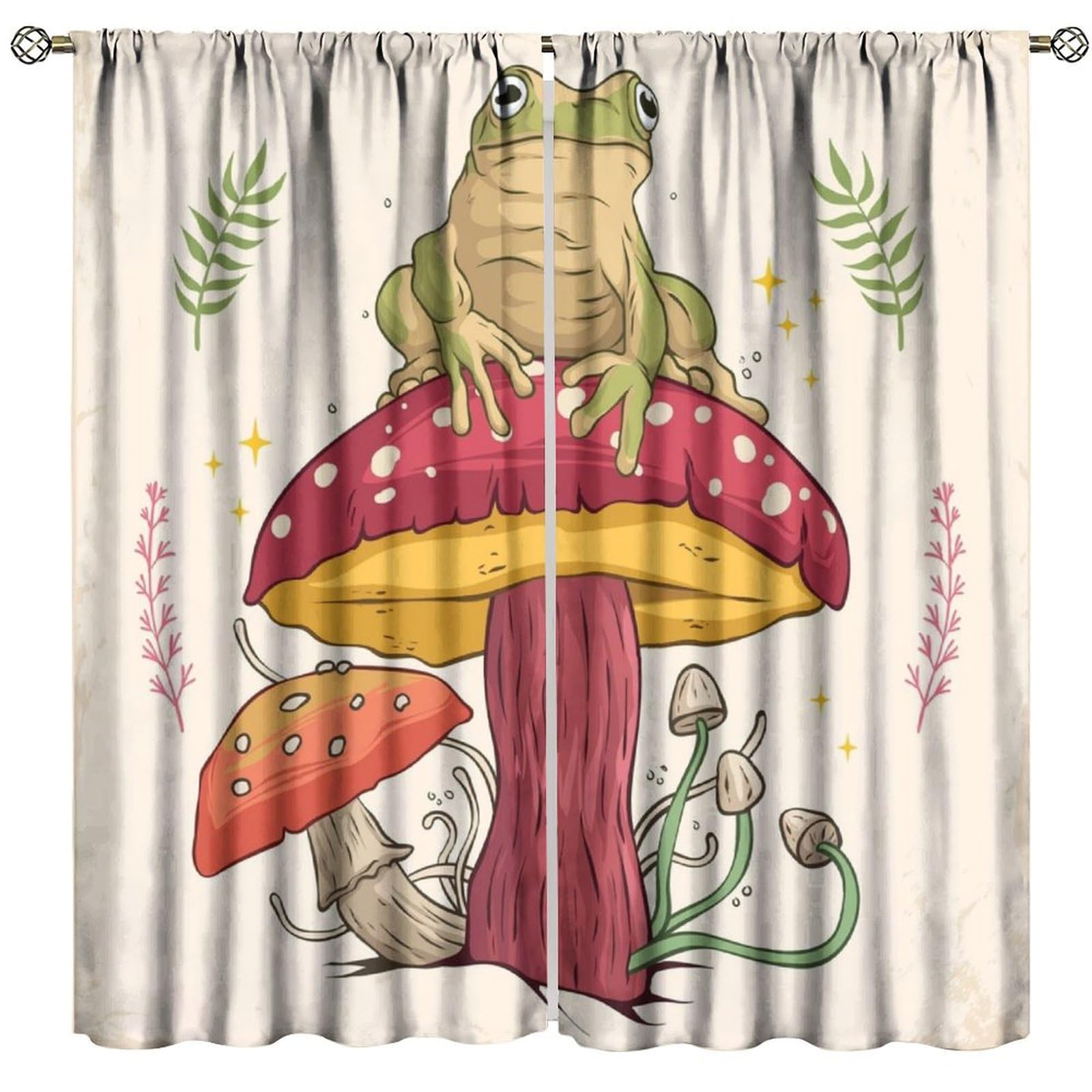 BenYaSong Funny Frog Mushroom Blackout Curtain Retro Watercolor Rustic Plant Leaves Botanica for Home Kitchen Restaurant Decoration Window Drapes 2Panel 52" W X 96" L