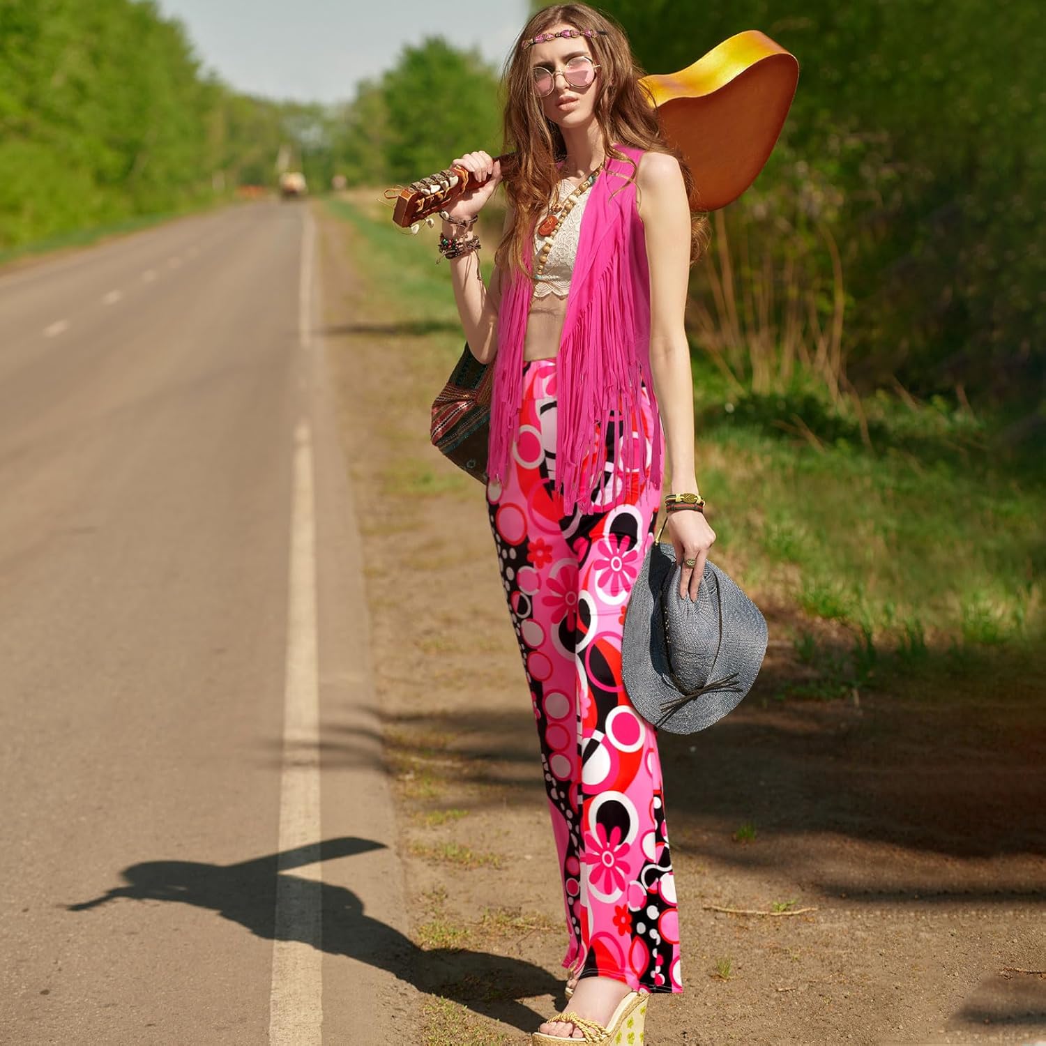 Leumoi 5 Pcs 60s 70s Costume for Women Disco Outfits Hippie Accessories Fringe Vest Boho Flared Pant for Mardi Gras Carnival - Image 2