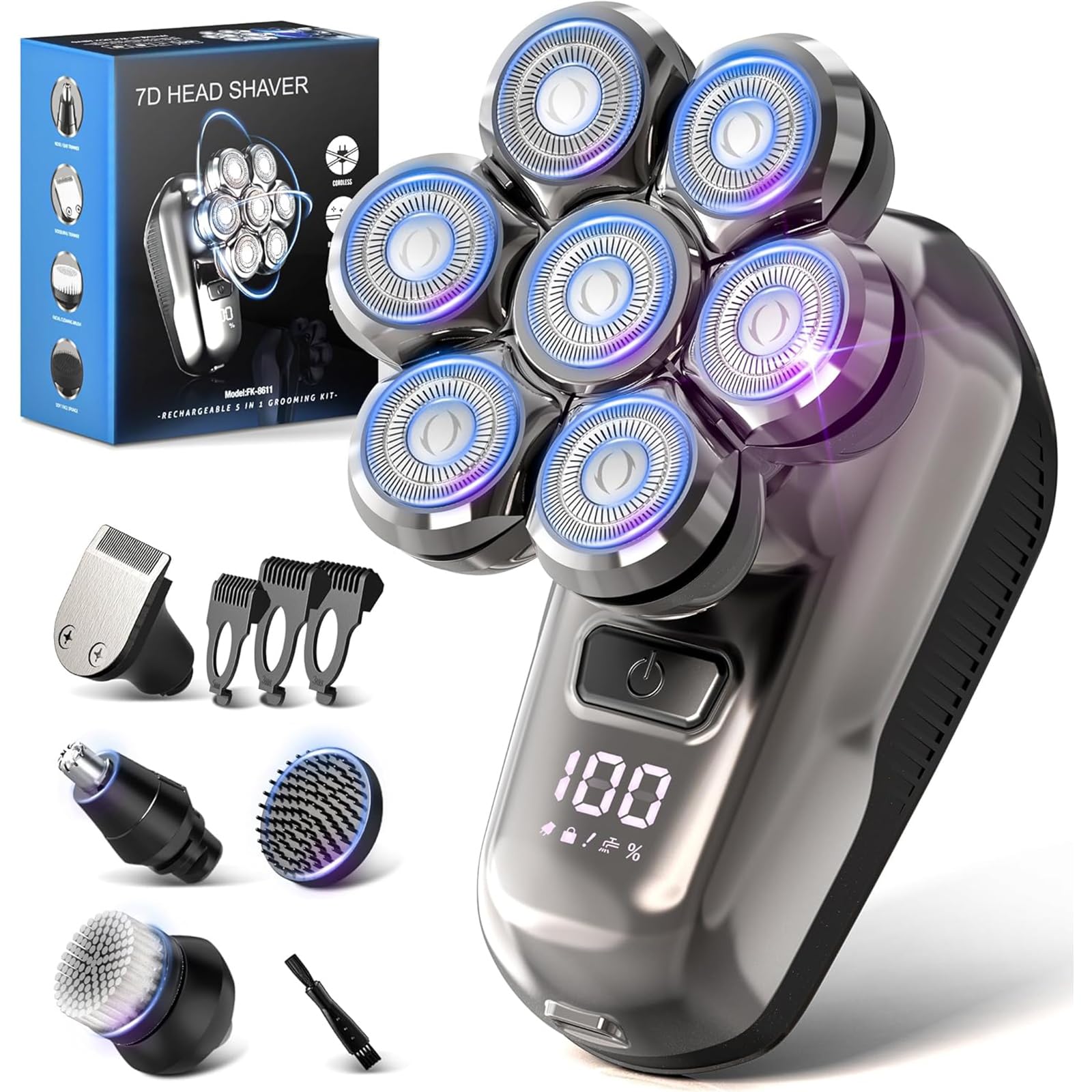 Afeitadora Cabeza Hombre, 2 Modos Magnético 7D Afeitadora Cabeza Barba, Maquina Afeitar Cabeza para Hombre Magnético, IPX7 Impermeable, para Uso en Seco y Húmedo, con Pantalla LED, USB-C Recargable