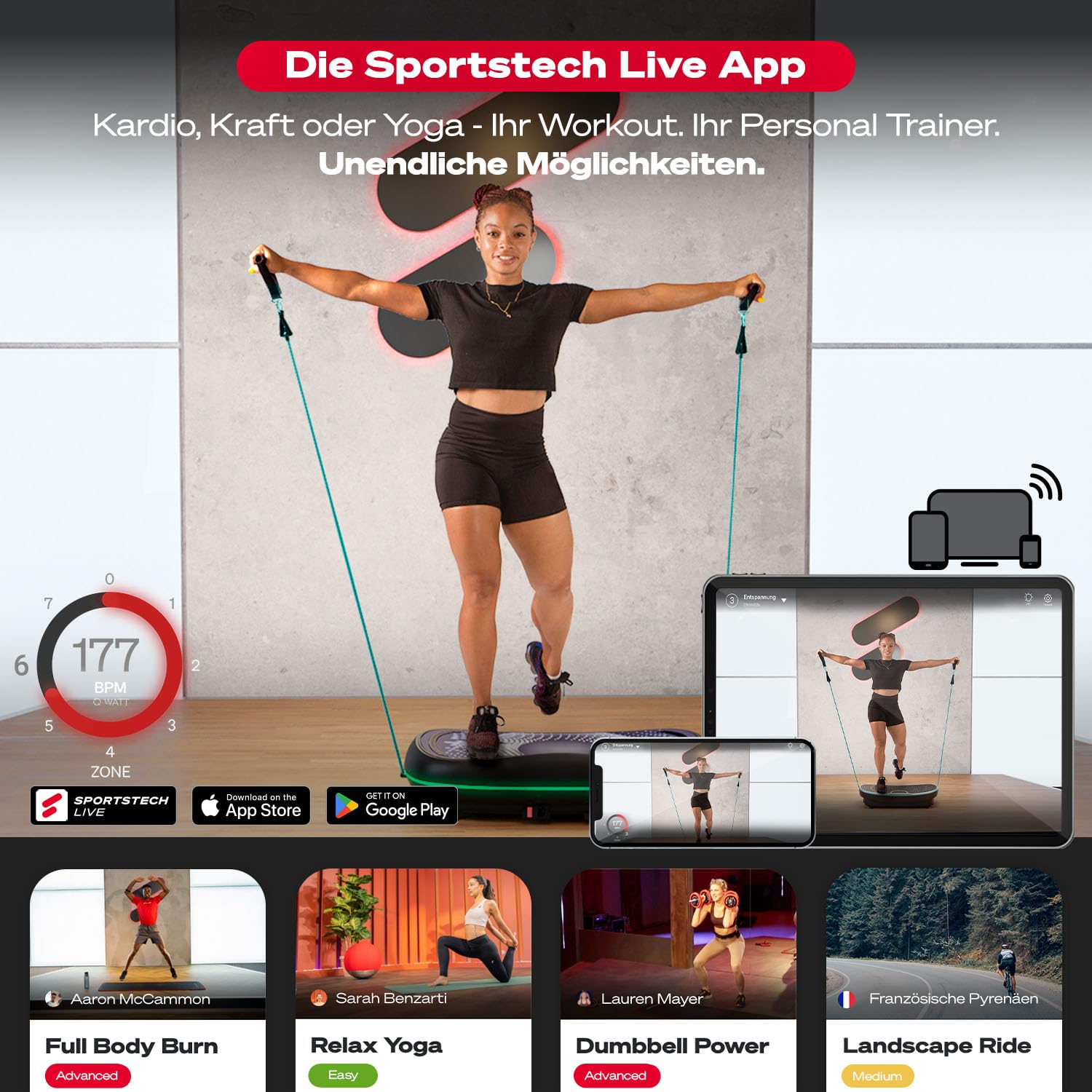 Sportstech 4D Premium Vibrationsplatte | Deutsche Qualitätsmarke | Smart LED I 3 leise Motoren I Workout Sitz & Liegestützgriffe | Touch Display + Bluetooth I Fitness & Yoga für Zuhause|VP500