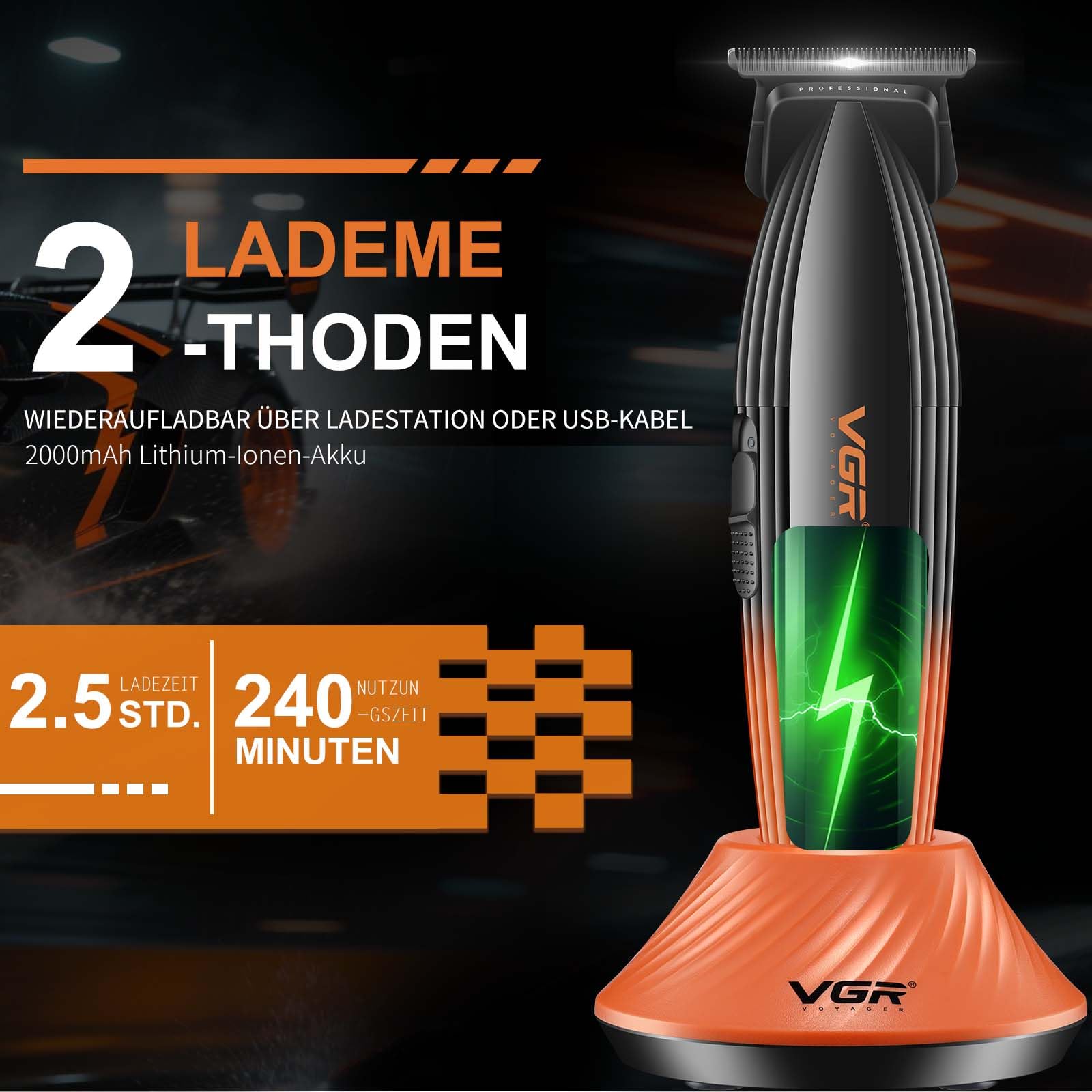 VGR 889T Professionelle Konturen Haarschneidemaschine, Kabelloser Trimmer Herren mit Ladestation, Präzision Haartrimmer Herren mit Turbofunktion, LED Display und USB Aufladung, Orange