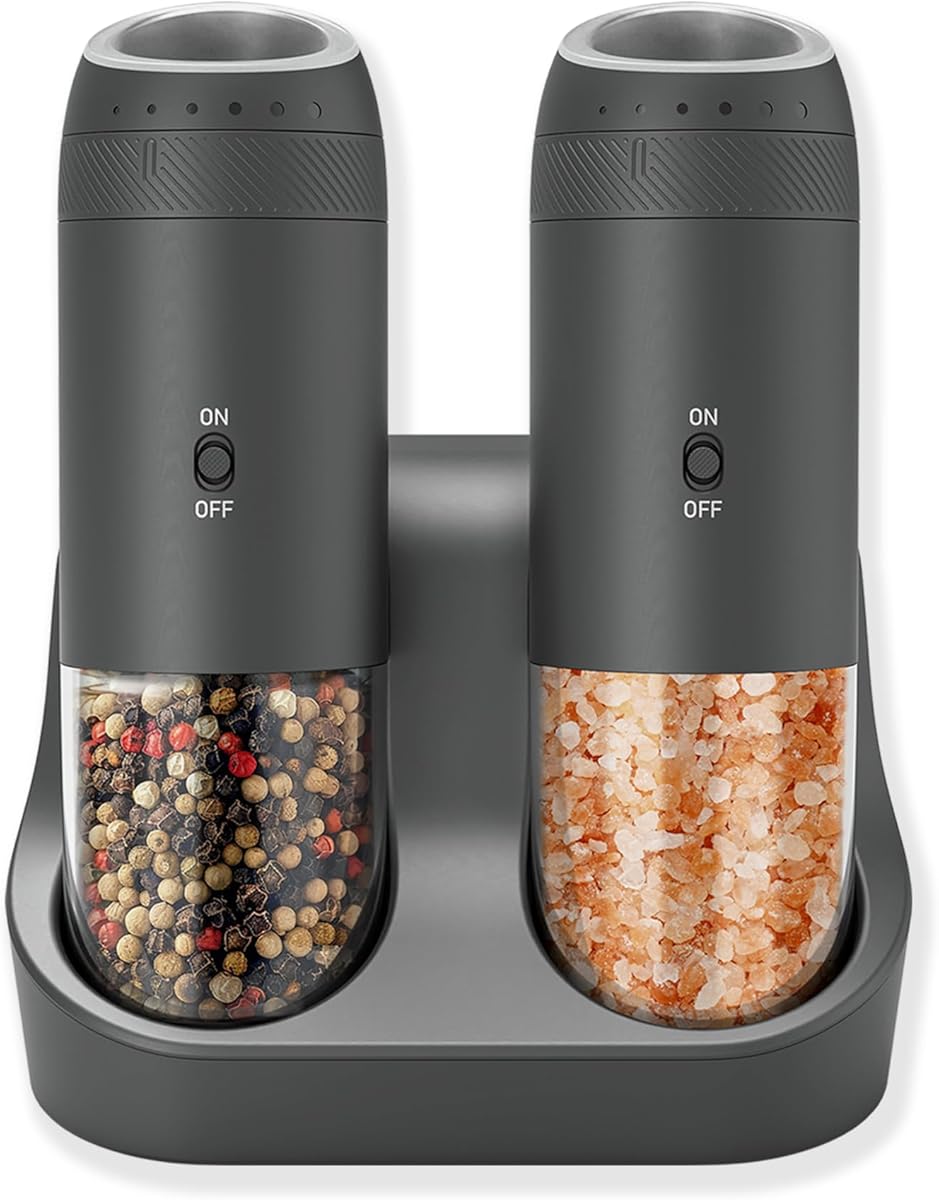 Gravity Salt and Pepper Grinder Set with Charging Base, Automatic Salt Grinder Electric with LED Light & 6 Adjustable Coarseness, One-Handed Operation and 176ml Capacity, Black