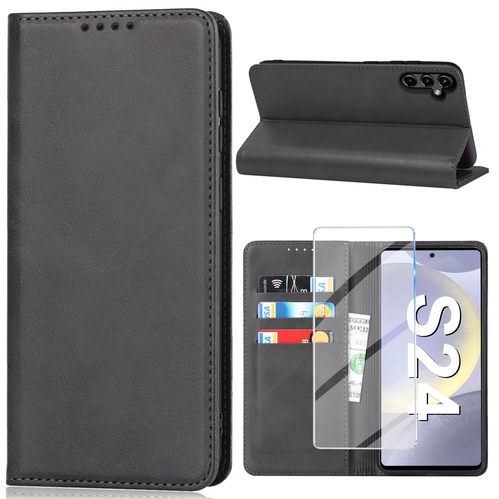 Handyhülle für Samsung Galaxy S24 5G Hülle mit Schutzfolie, Schutzhülle Galaxy S24 PU Leder Wallet Kartenfach Ständer Kameraschutz Klapphülle Lederhüllen Case für Samsung S24 Full Cover (Schwarz)