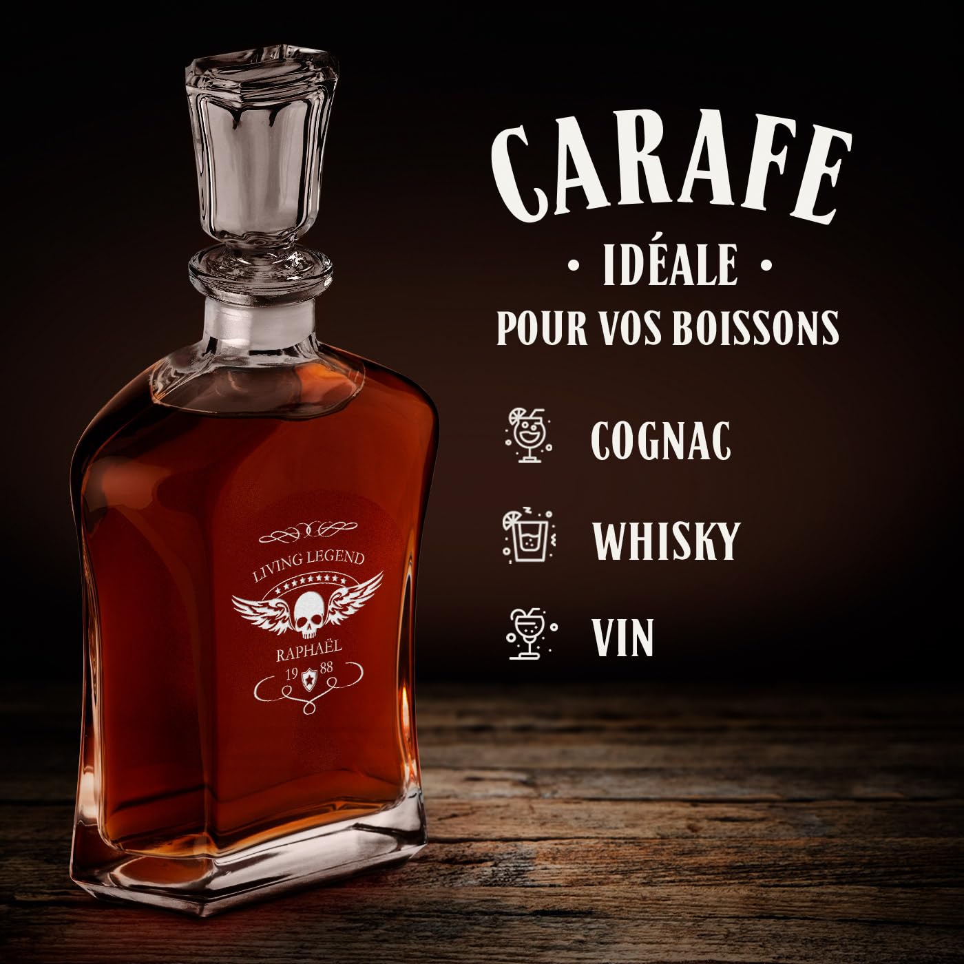 Maverton Ensemble de Carafes Personnalisés a Whisky Rhum Cognac Avec 2/4 / 6 Verres a Whisky Gravés pour homme - 700 ml Service Universel Verre Whisky et Carafe - Living Legend