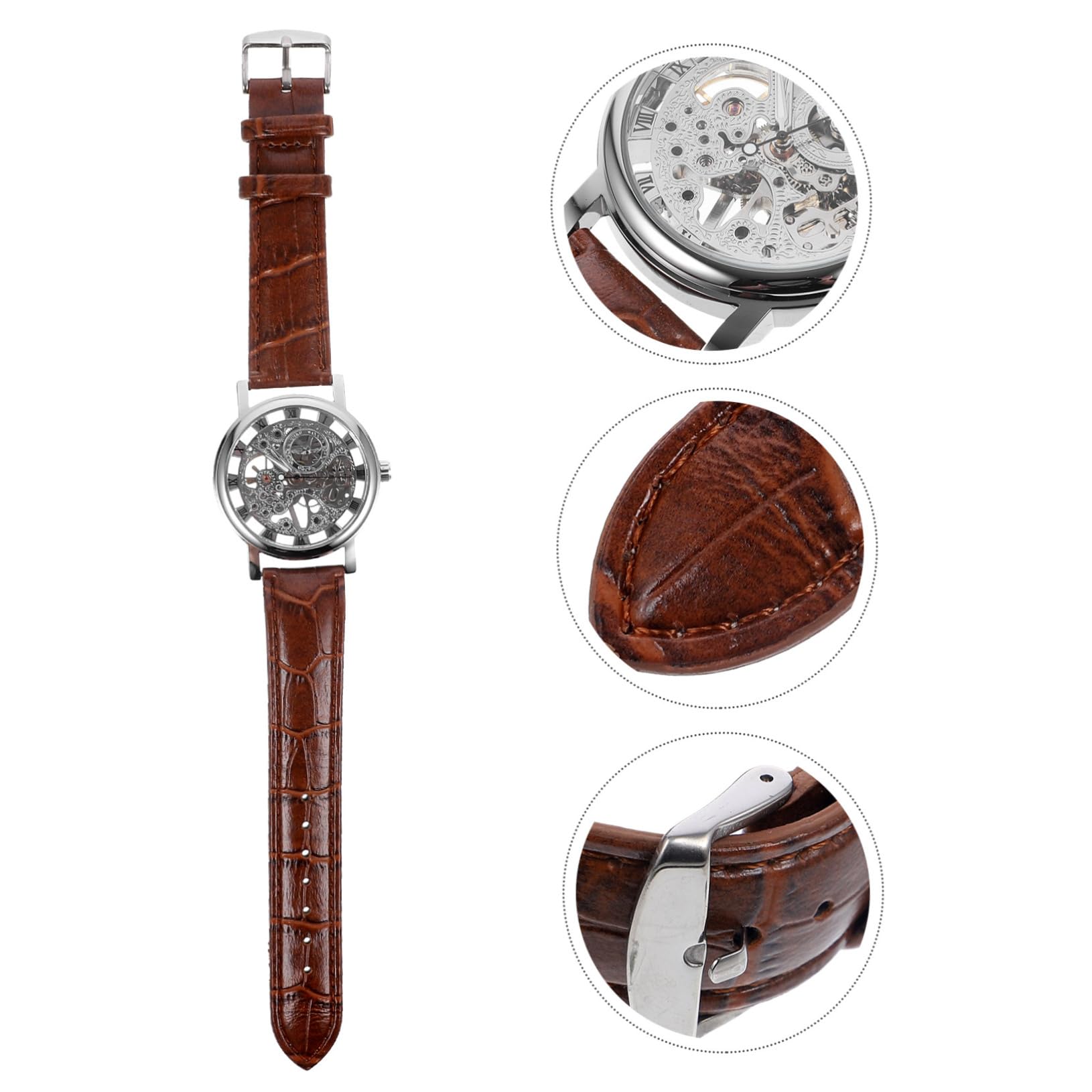 FOMIYES Orologio Meccanico Uomo Winner 036 Quadrante Rotondo Argento | Quadrante Scheletrato con 12 Numeri Romani, Fondello Trasparente, Cinturino Pu