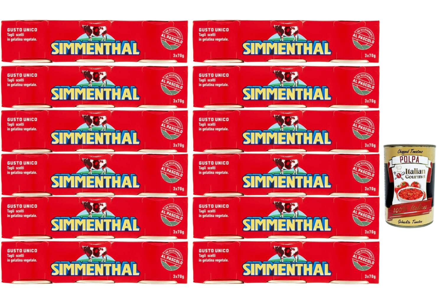 Italian Gourmet Simmenthal Viande de bœuf en gelée Simmenthal – spécialité italienne prête à consommer, boîtes portion 70 g, idéal salades & sandwichs 12 x (3 x 70 g) + Italian Gourmet Polpa