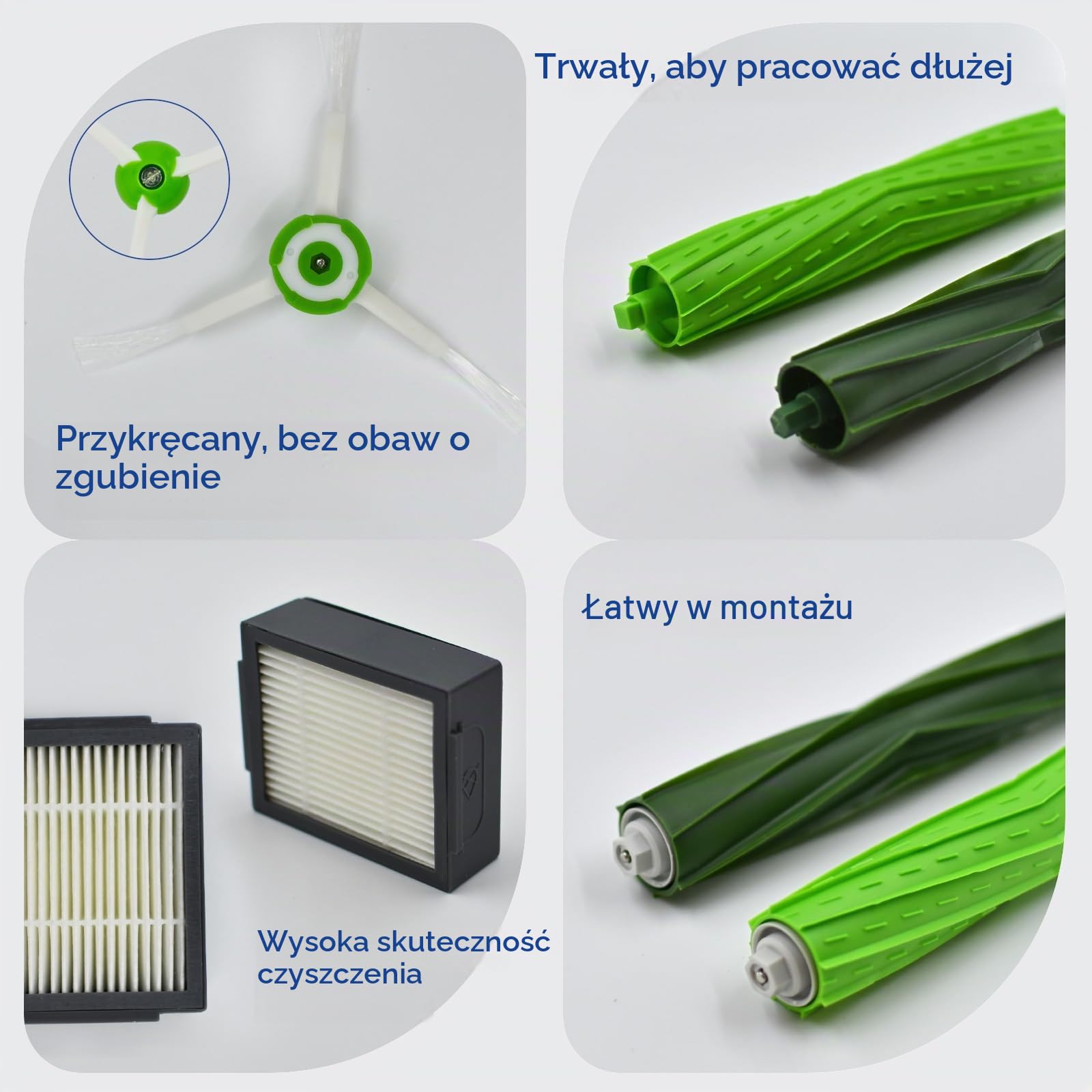 Części zamienne do iRobot Roomba i/E Series i1 i1+ i2 i2+ i3 i3+ i4 i4+ i5 i5+ i6 i6+ i7 i7+ i8 i8+, e5/e6 – 1 szczotka główna, 5 zielonych szczotek bocznych, 5 filtrów, 1 przednie kółko