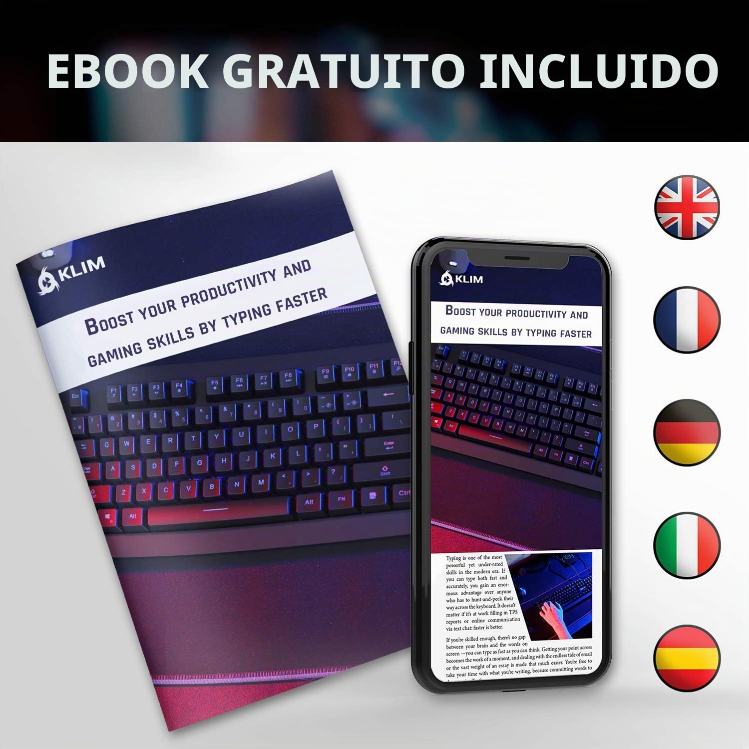 KLIM™ Light V2 Teclado Inalámbrico Gaming FR + Teclado Gaming Ligero, Duradero, Ergonómico, Silencioso + Batería de Larga duración + Teclado Gamer PC Mac PS4 Xbox One+ Nuevo Versión + Negro