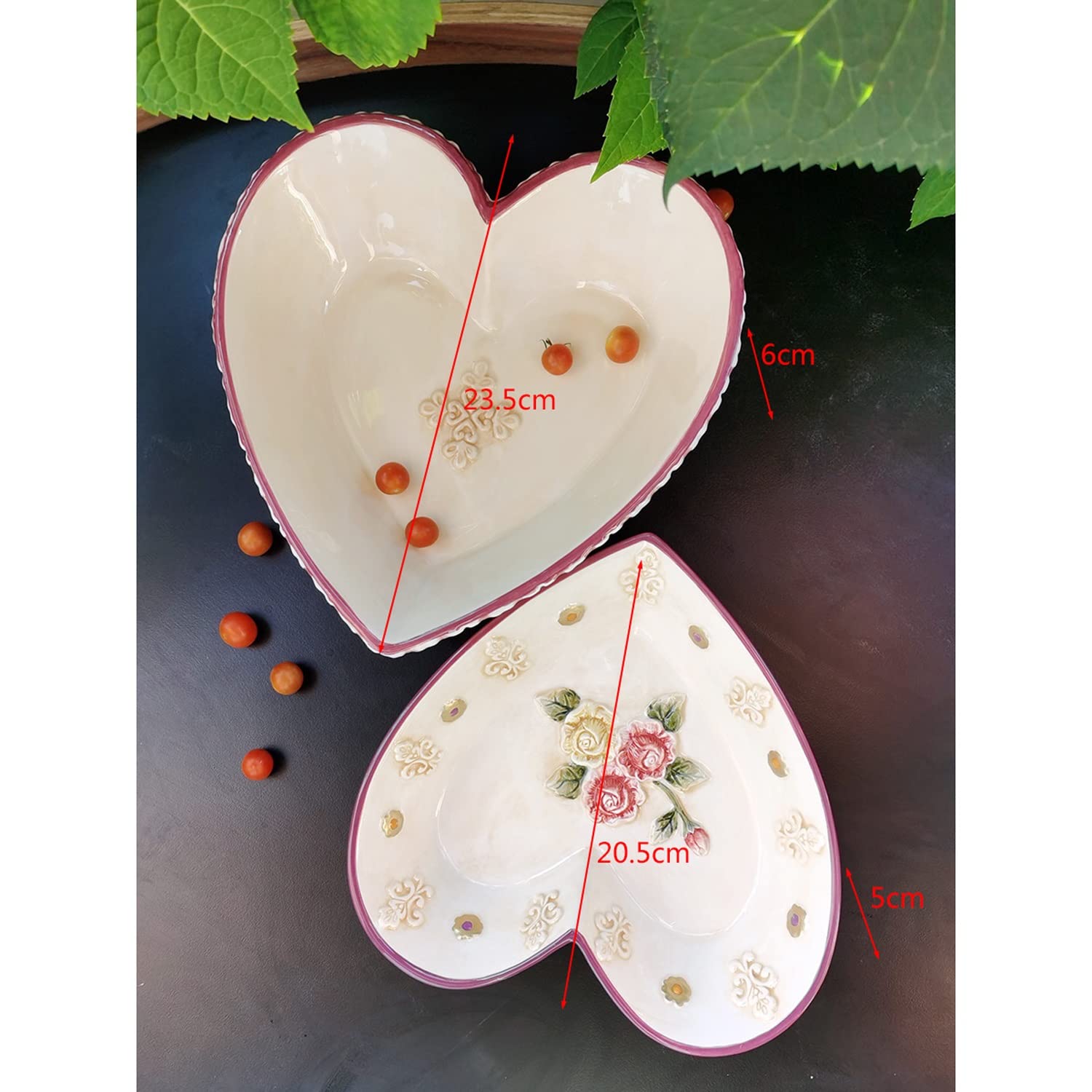AVFORA Bol à Fruits 2 pièces, Grande et Petite Assiette de Fruits en céramique en Forme de cœur, Plateau de Rangement de Fruits secs, collations de Style Ferme, Bonbons, Noix, Fruits secs
