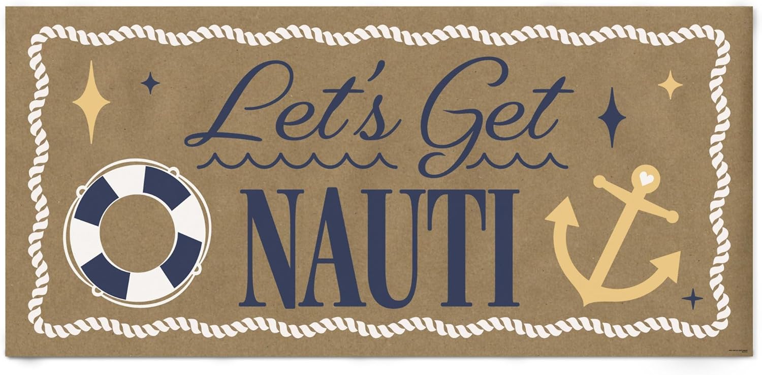 Big Dot of Happiness Let's Get Nauti Kraft Paper Banner, Beach Bridal and Nautical Bachelorette Party Banner, Printed Brown Paper Party Sign Decoration – 1 Count