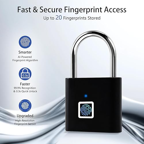 Miniatura 3 de UMIKSMART - Candado de huellas dactilares, cerradura inteligente biométrica sin llave con batería recargable USB-C, candado de aleación de zinc para