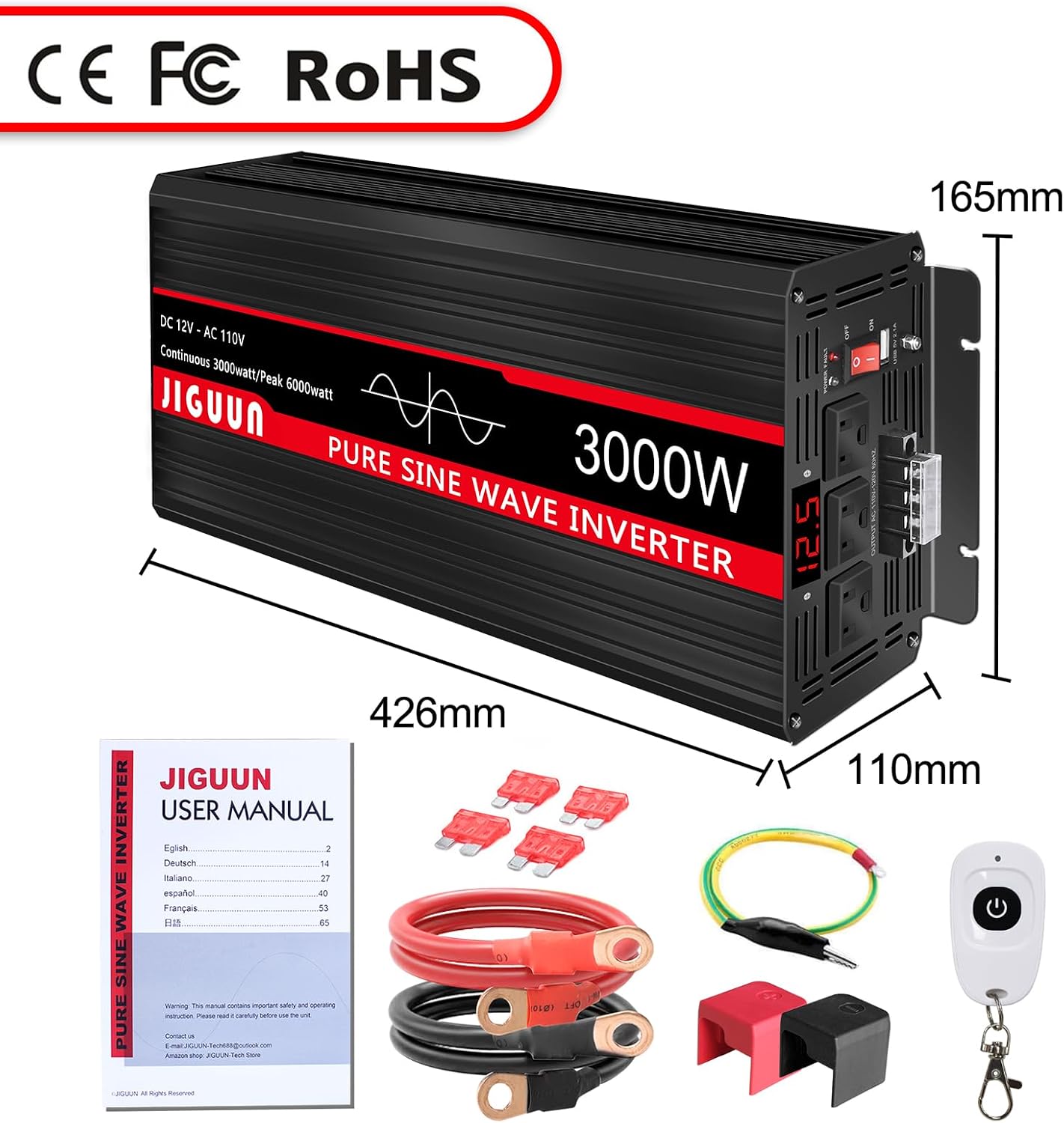 Contents of the JIGUUN inverter package including the inverter, user manual, remote, cables, and fuses.