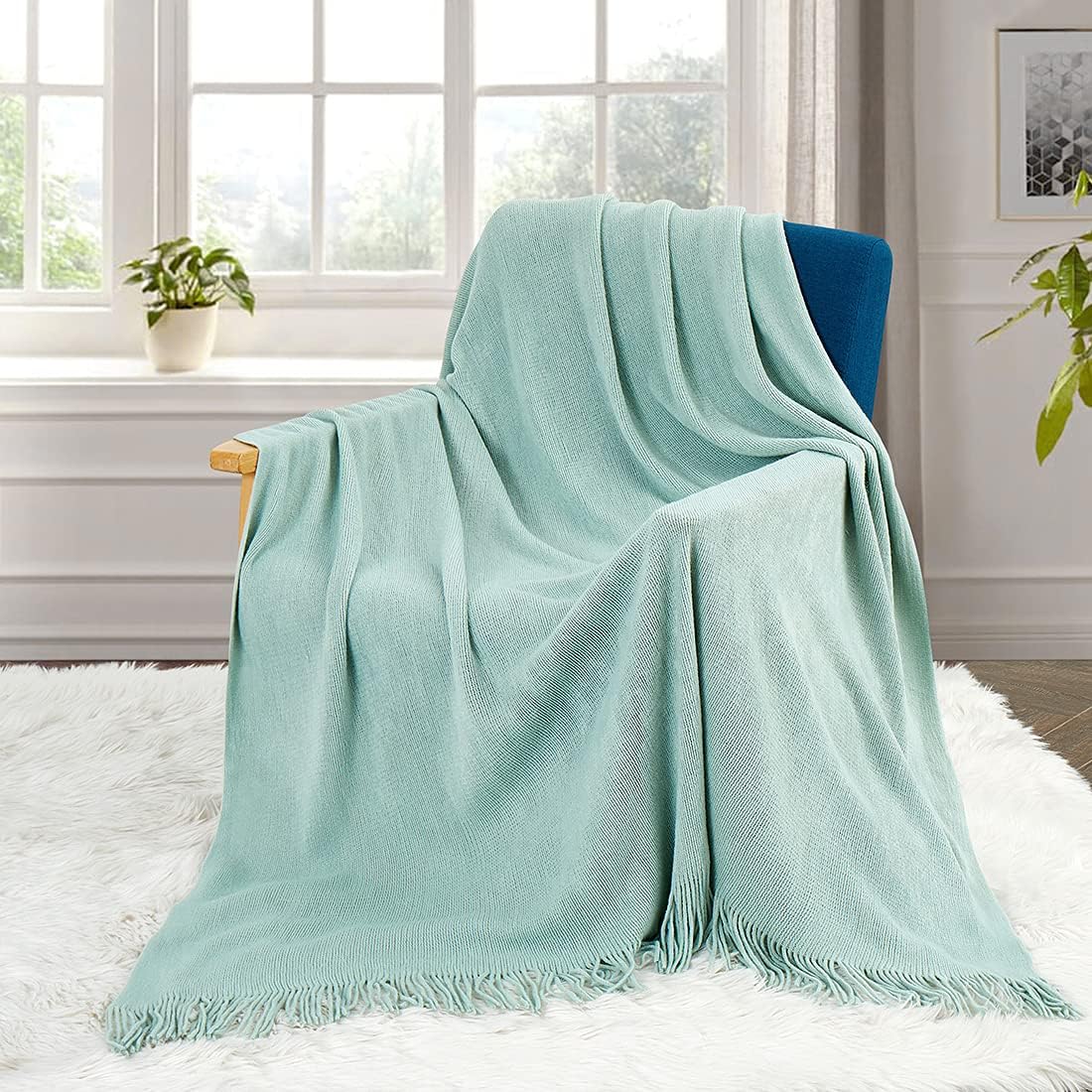 Homiest Decorative Knitted Throw Blanket with Fringe Soft & Cozy Tassel Blanket for Couch Sofa Bed (Light Green, 50x60) - Image 4