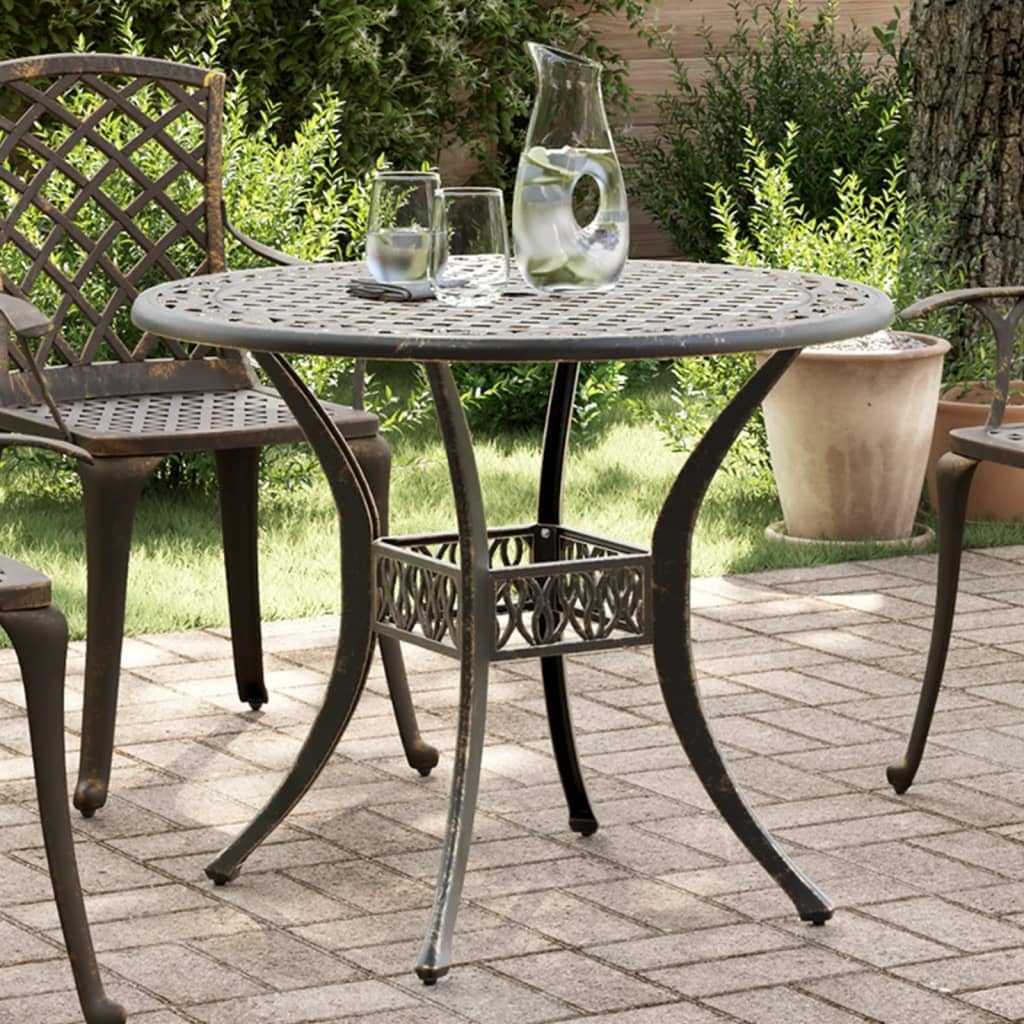 Stół ogrodowy z brązu, odlew aluminiowy, Ø 90 x 75 cm, stół tarasowy z otworem na parasol, stół balkonowy do ogrodu, na patio, kemping, stabilny stolik pomocniczy do jedzenia i pikniku