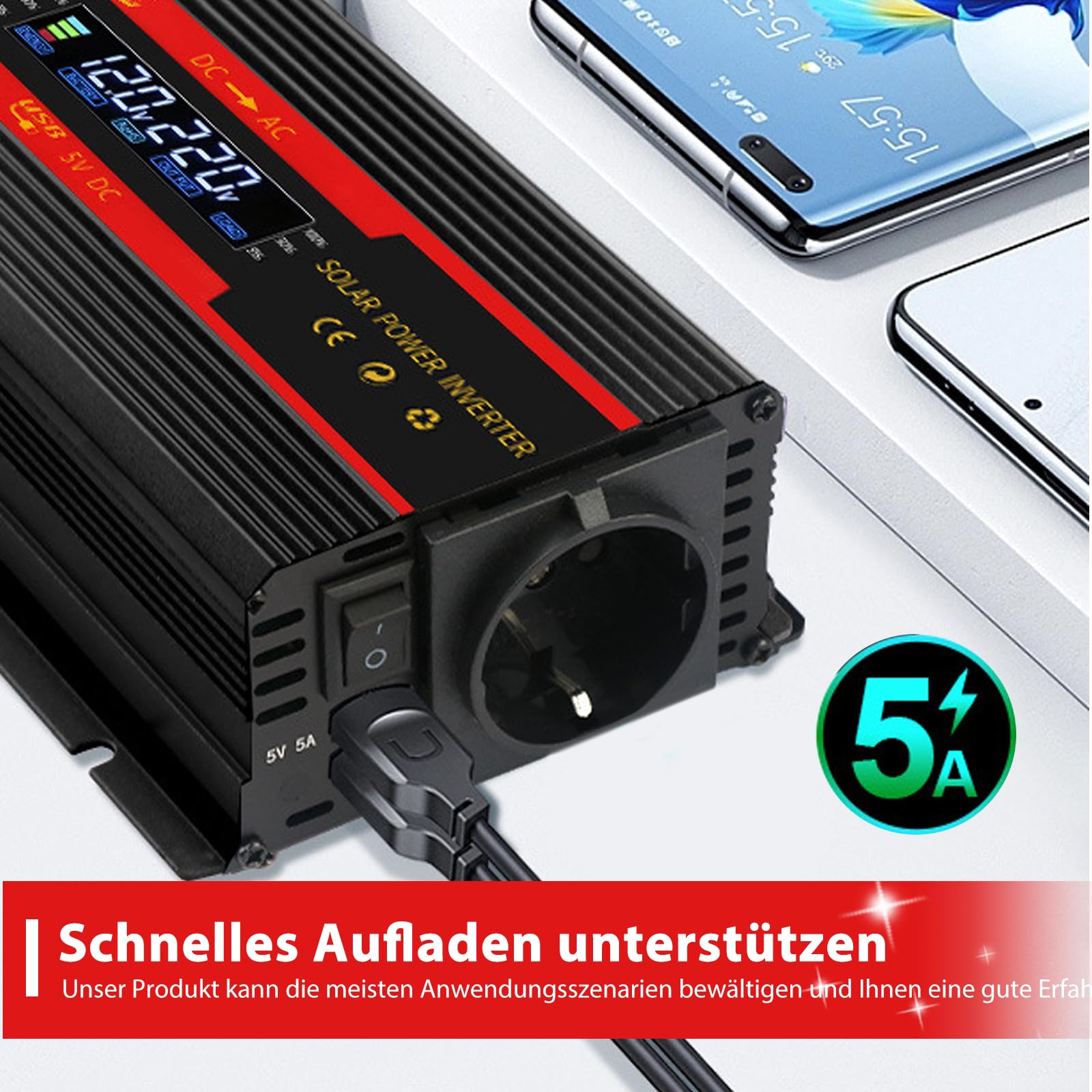 Wechselrichter Spannungswandler DC 12V / 24V auf AC 230V Modifizierte Sinuswelle Inverter 2000W mit EU Steckdosen, 2 USB und LCD-Anzeige Stromumwandler Adapter für Auto Kfz LKW Wohnwagen Camping