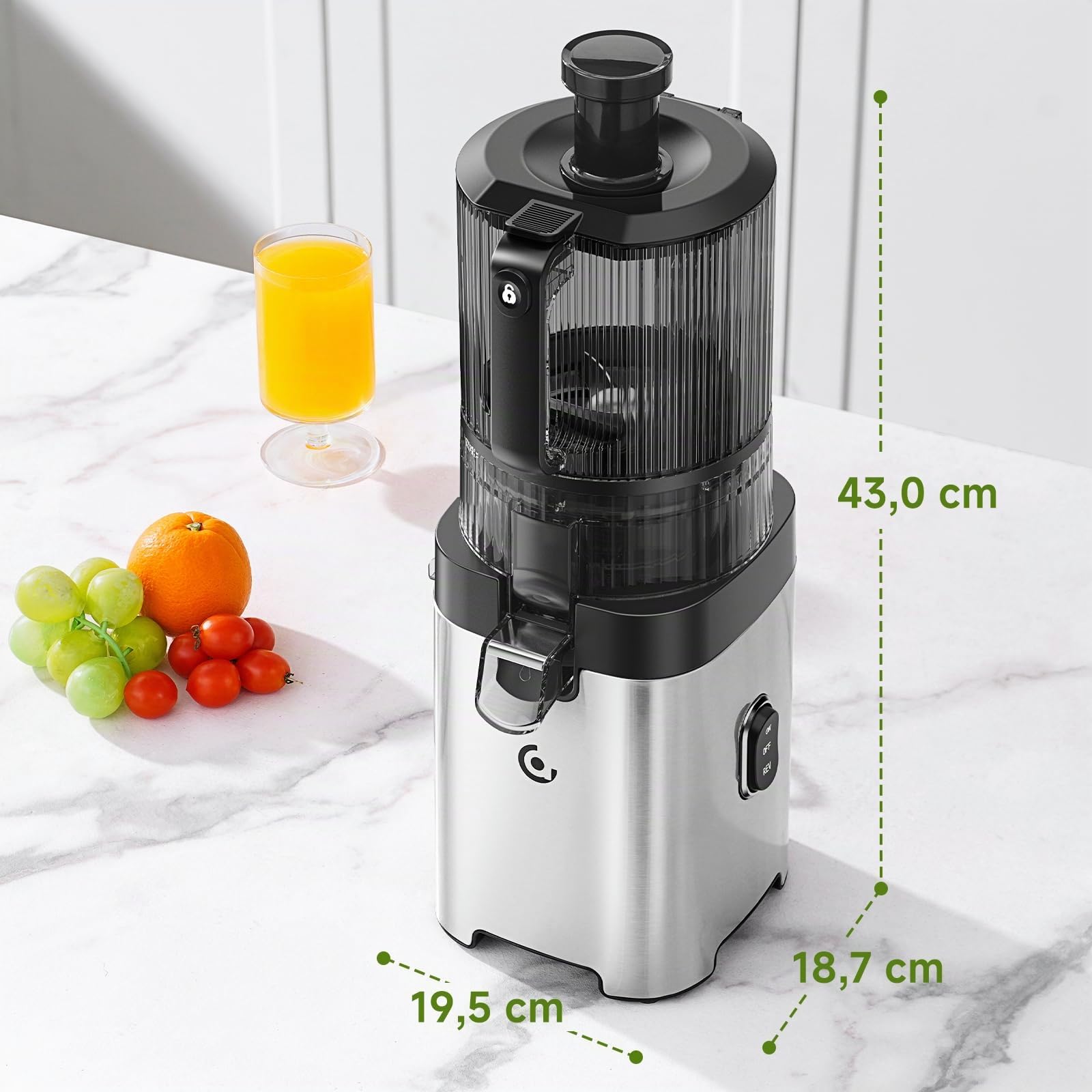 AMZCHEF Extracteur de jus à froid pour fruits et légumes, goulotte 158 mm pour fruits entiers, trémie 2,5 L, 2 filtres amovibles, nettoyage facile, moteur 300 W à faible bruit, usage familial