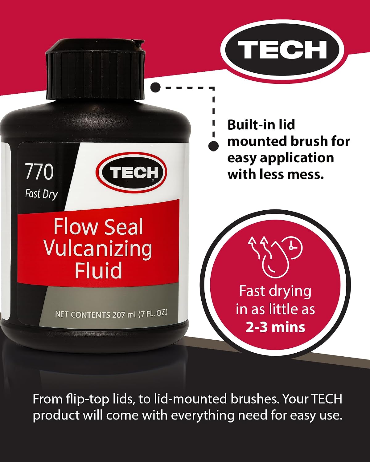 TECH Flow-Seal Vulcanizing Fluid - Permanent Bond for TECH Permacure & Flow-Seal Inserts, Fast-Drying Vulcanizing Cement, Seals Out Moisture & Contaminants - Ideal for Car, Truck, ATV and More - 7oz