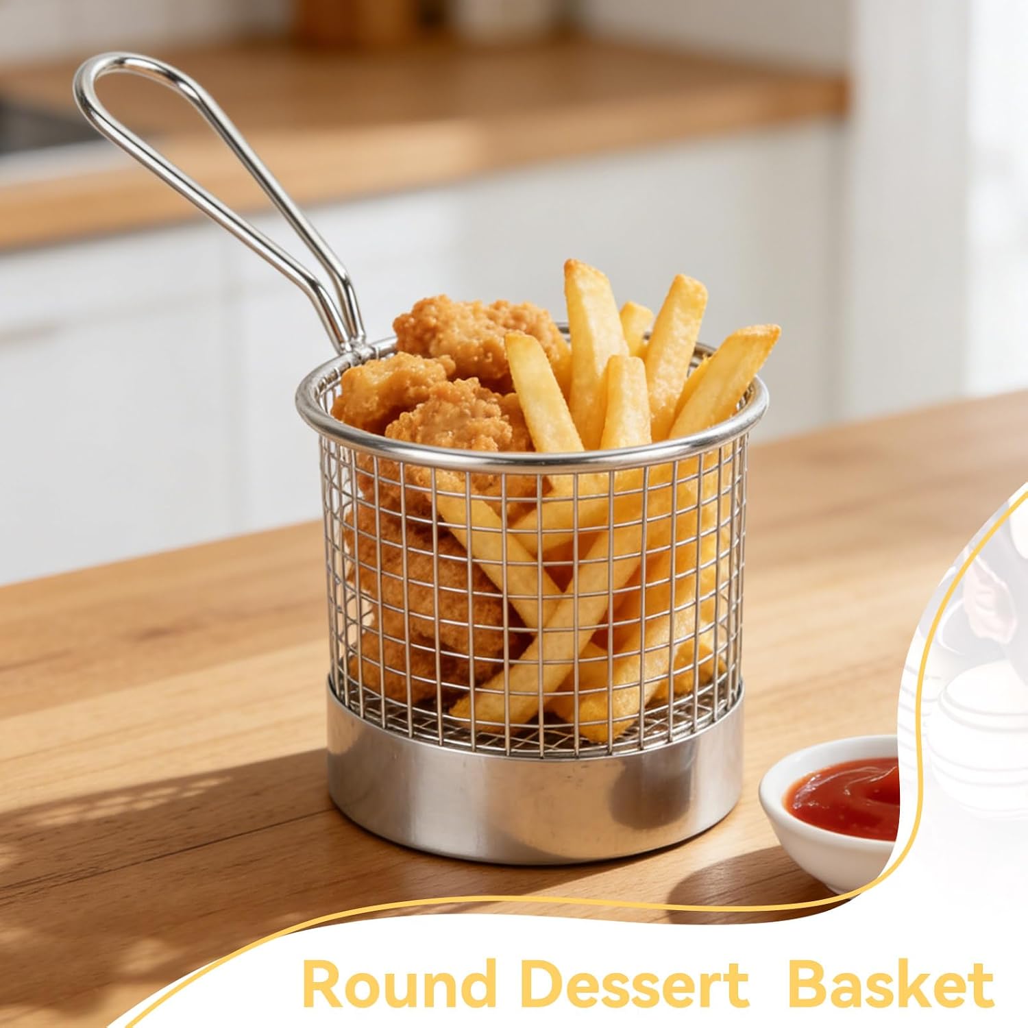 2PCS Mini Round Stainless Steel Deep Fry Basket, French Chip Frying Serving Food Baskets Mini French Fry Chips Baskets Net for Snacks Reusable Fries Holder with Handle image 4