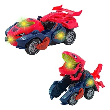 WISHKEY Plastic Bump and Go Dinosaur Transformation Car Toy with Lights, Battery Operated Dino Deformation, Musical, Multicolor, 3+ Years (Pack of 1)