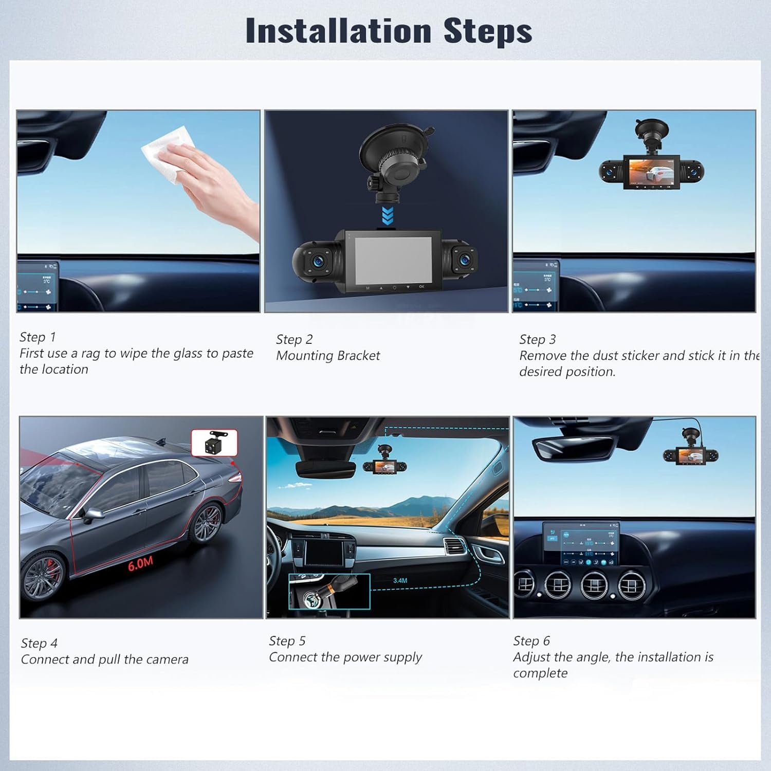1080P Kamera samochodowa z 4 kamerami 360° Ekran IPS 3″ Widzenie nocne Monitorowanie podczas postoju Czujnik G Uniwersalna instalacja