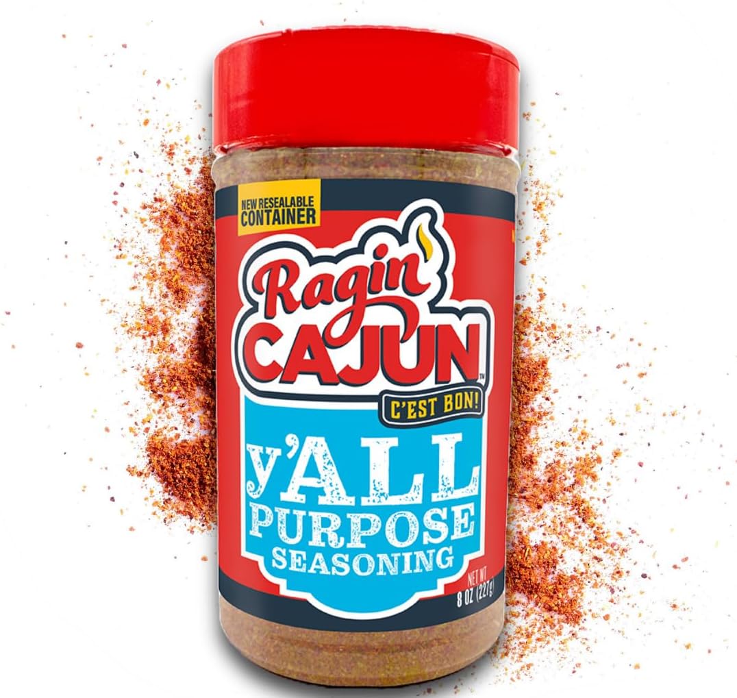 Ragin' Cajun y'ALL PURPOSE Seasoning - 8 oz Shaker, Low Sodium, No MSG - Mild Louisiana Cajun Spice for Meats, Seafood & Veggies