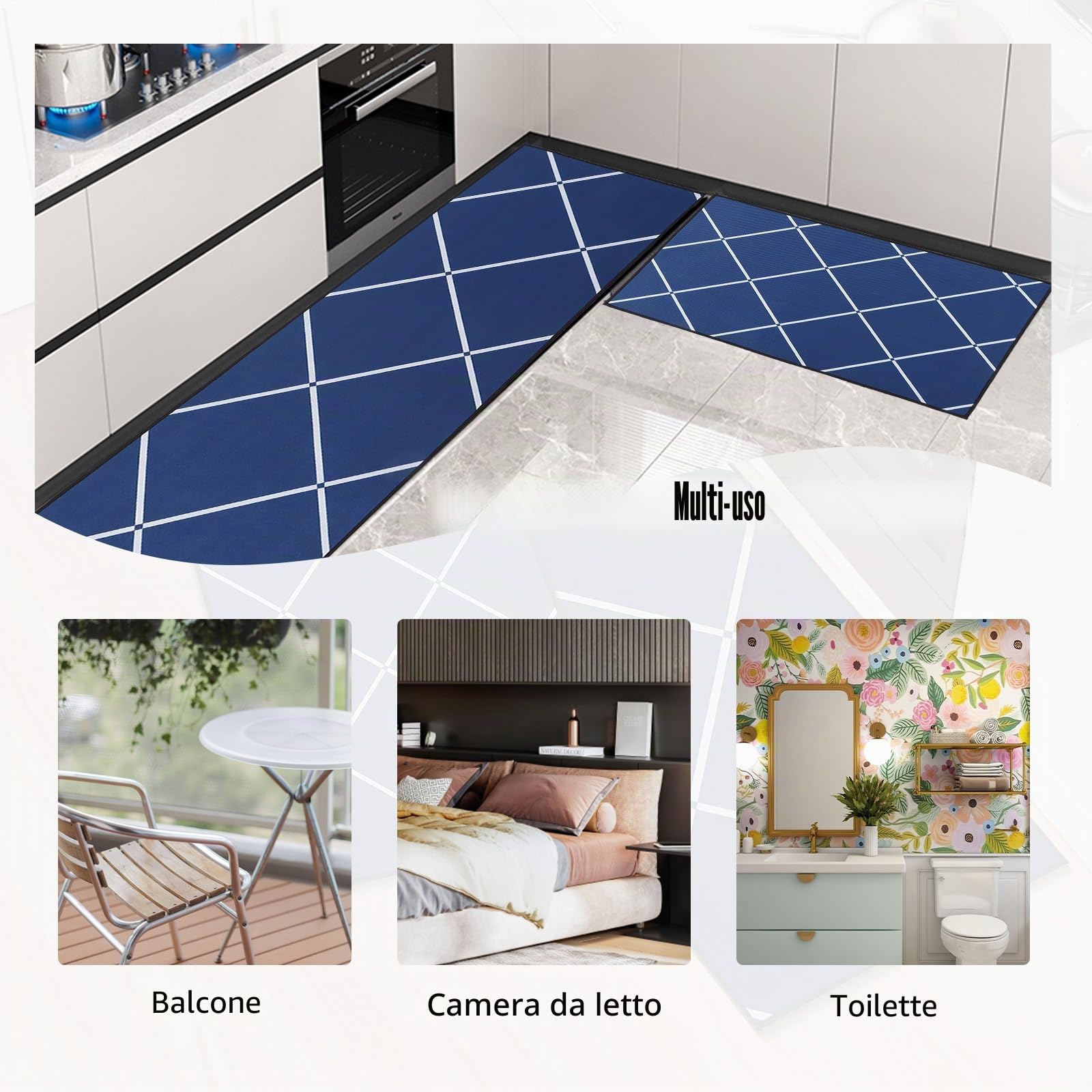 Set di 2 Tappeti da Cucina, Tappetini da Cucina Lavabili, Runner Antiscivolo, Tappetino Assorbente per Ingresso e Decorazione Domestica Ufficio, 50x80+50x150cm, Blu
