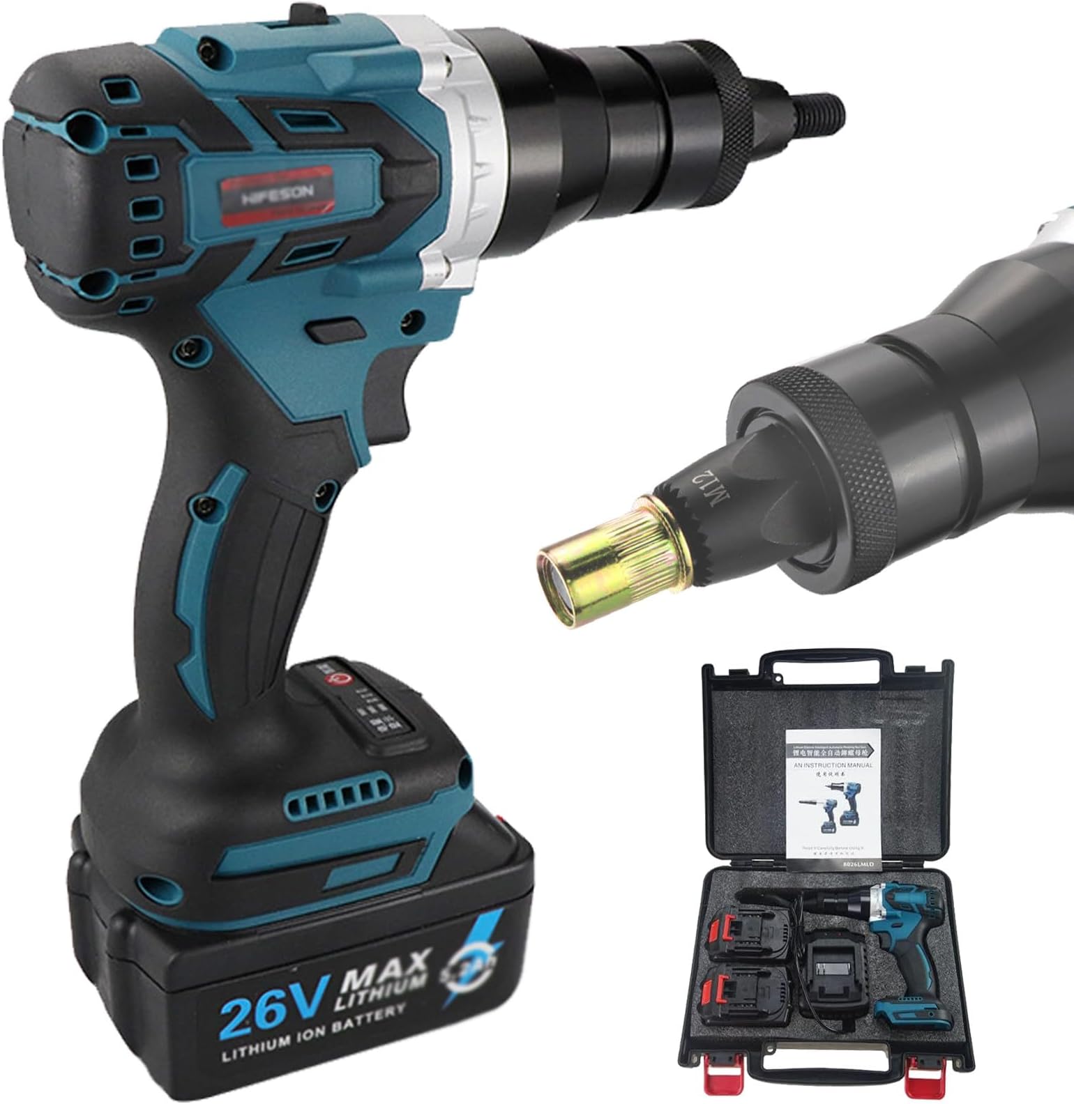 2-in-1 Cordless Rivet Nut Gun Set,Portable Automatic Rivet Gun with M3/M4/M5/M6/M8/M10/M12 Battery Powered Pop Rivet Insert Installation Tool,1Battery-5200mAh