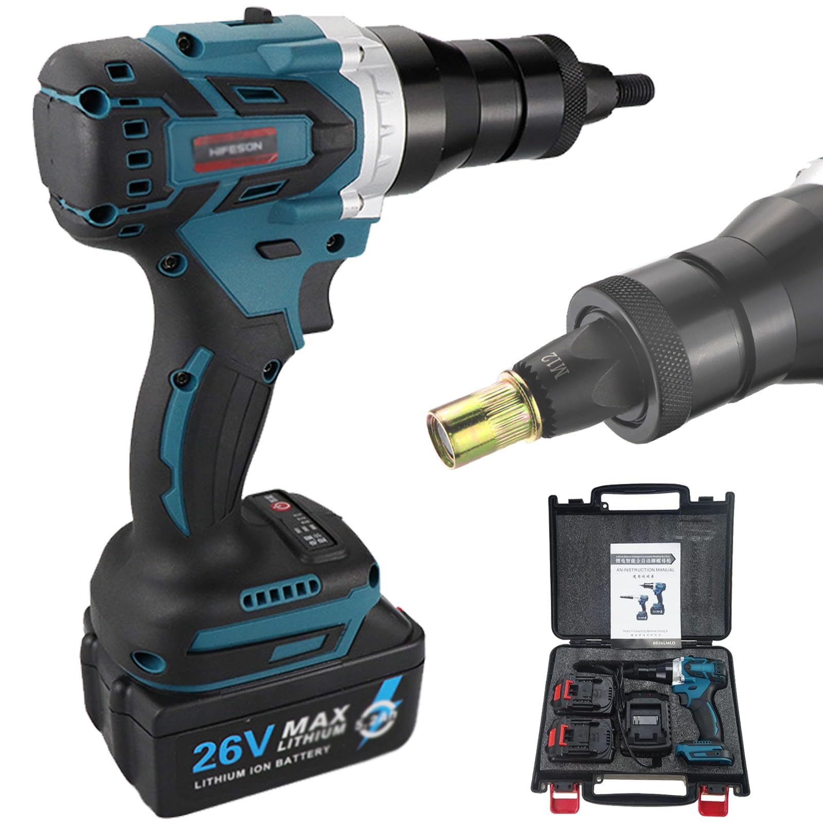 Remachadora inalámbrica, remachadora automática sin escobillas para remaches M3-M12, ideal para hierro, aluminio y acero inoxidable, incluye 2 baterías de 2200 mAh