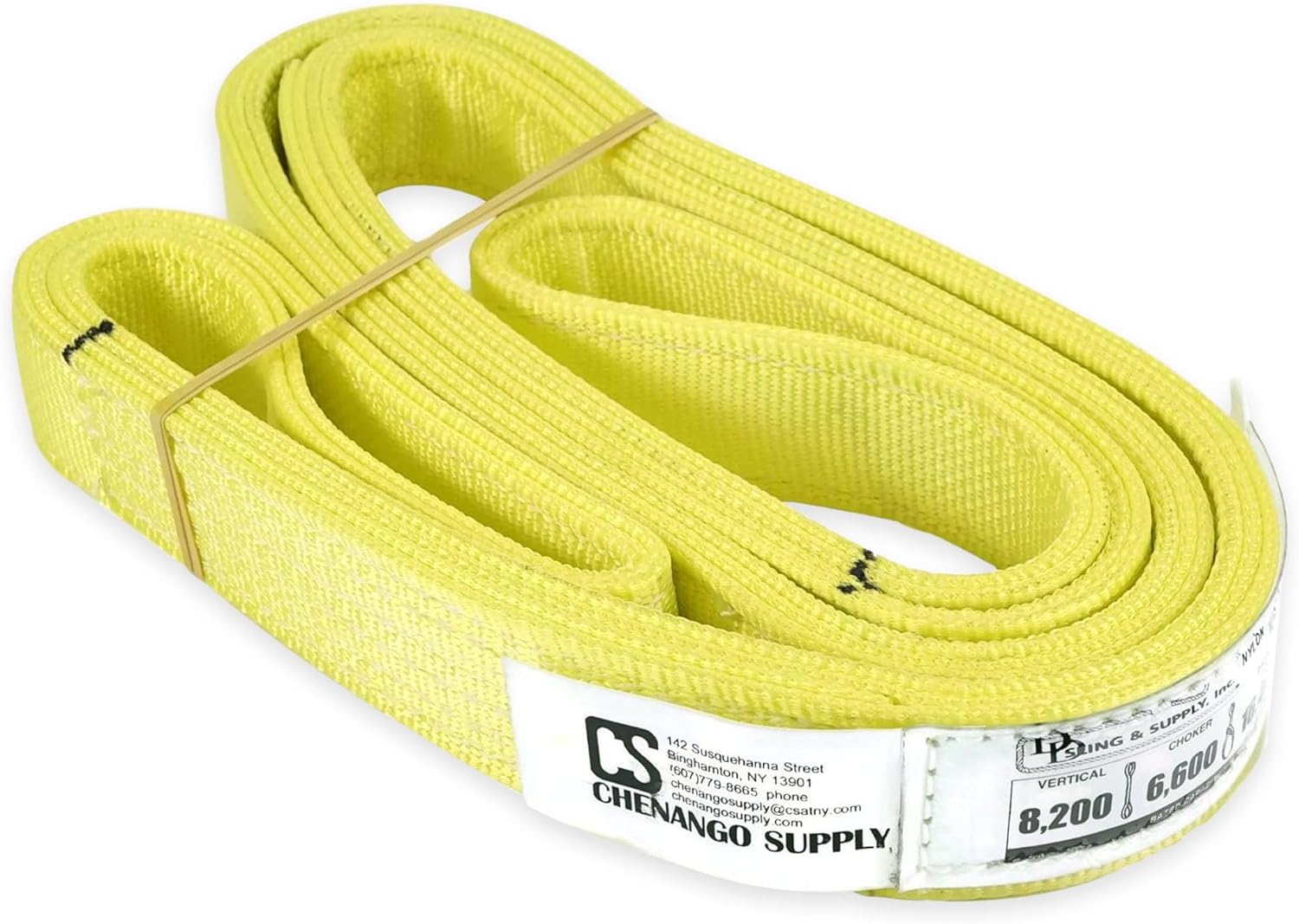 Chenango Supply 2" x 8' Nylon Lifting Web Sling – USA Made, 12,300 lb Vertical, 9,900 lb Choker, 24,600 lb Basket – 3 Ply Heavy Duty 900 Webbing, Type 3 Flat Eye & Eye Rigging Sling (2" x8')