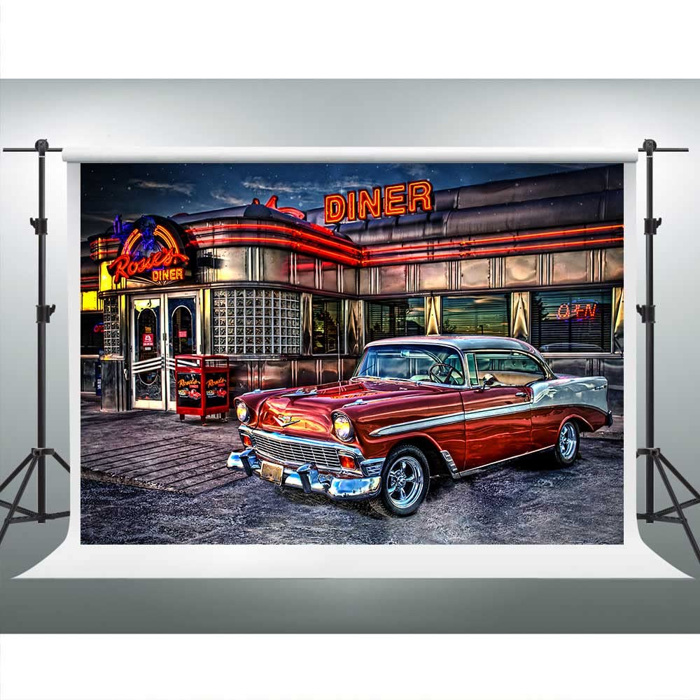 VIDMOT 50's Rock Roll Diner Backdrop 1950s Vintage Car Retro Nostalgia Photography Background 10x7ft Photo Shooting Studio Props Party Decor BJZYVV481
