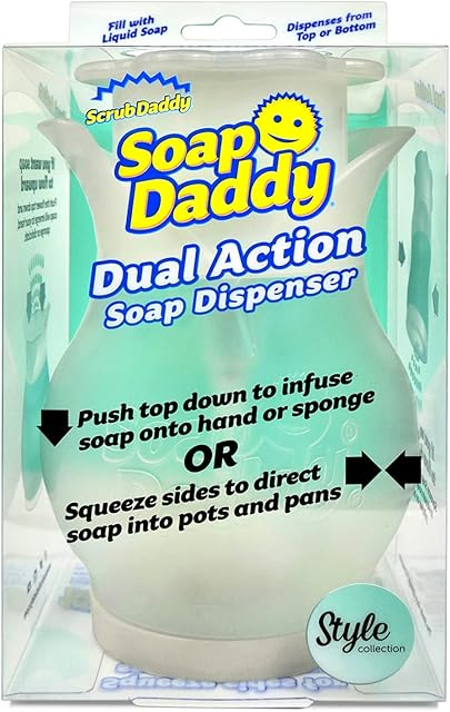 Scrub Daddy Soap Dispenser - Soap Daddy, Dual Action Bottle for Kitchen & Bathroom Sink or Shower, Refillable with Dish Washing up Liquid or Hand Wash, as used by Mrs Hinch, Clear Plastic Flower Top
