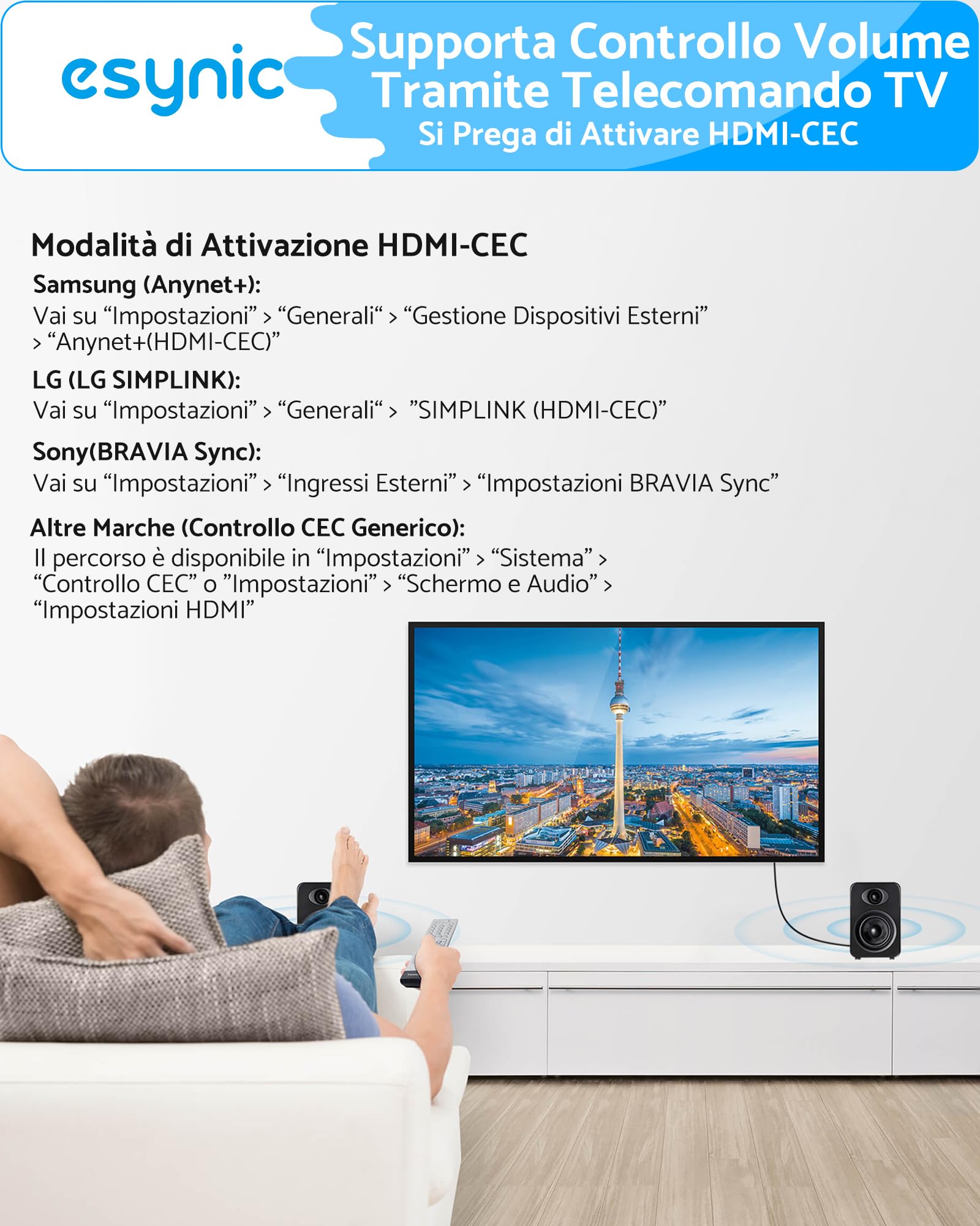 eSynic 192KHz Cavo Convertitore Audio HDMI eARC/ARC a RCA per HDTV Altoparlanti Cuffie, Supporta CEC Telecomando, eARC ARC Audio Extractor con Cavo Integrato 1.5m, Uscita L/R PCM 2CH