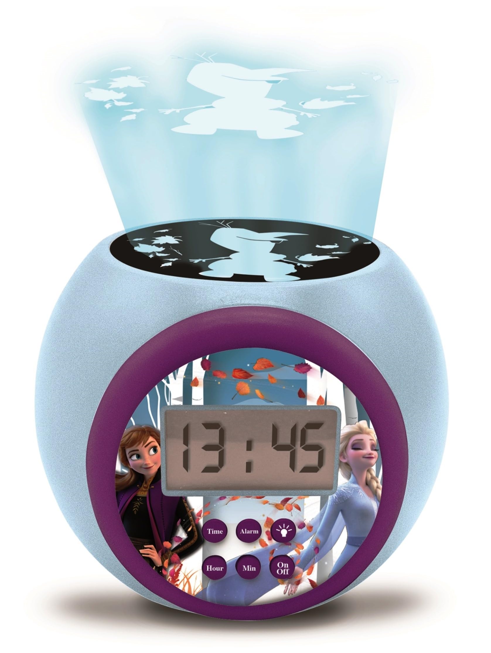 LEXIBOOK, Projector Clock Disney Frozen 2 Anna Elsa with Snooze Alarm Function, Night Light with Timer, LCD Screen, Battery Operated, Blue/Purple, RL977FZLXB