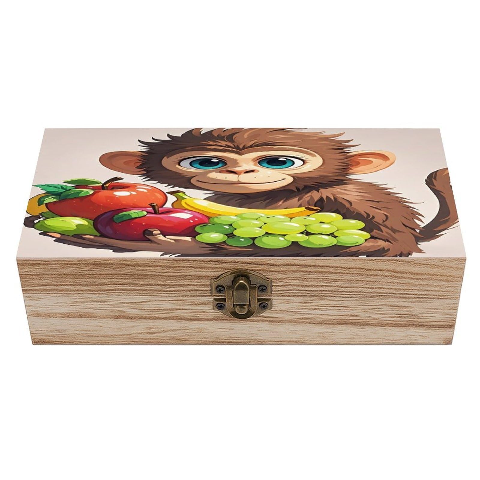 FekiLoot Monkey Holding Fruit Wooden Storage Box Exquisite Wood Keepsake Box Vintage Wooden Gift Jewelry Case for Crafts And Photo Storage Boxes