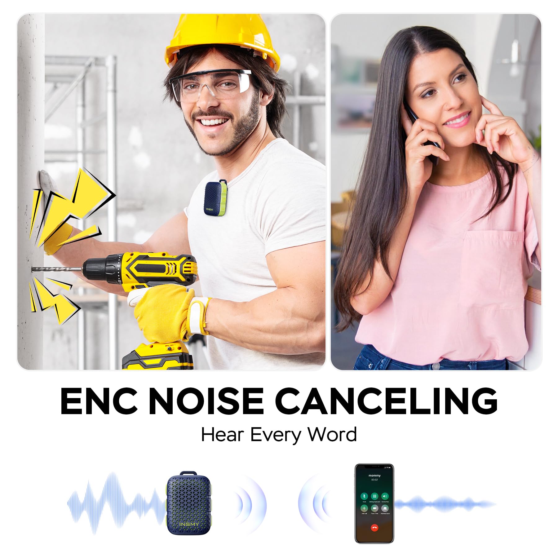 INSMY Altoparlanti Bluetooth indossabili, impermeabile IP67, piccolo altoparlante personale portatile clip-on, suono pulito, coppia stereo, wireless, microfono integrato ENC, leggero, per golf, lavoro
