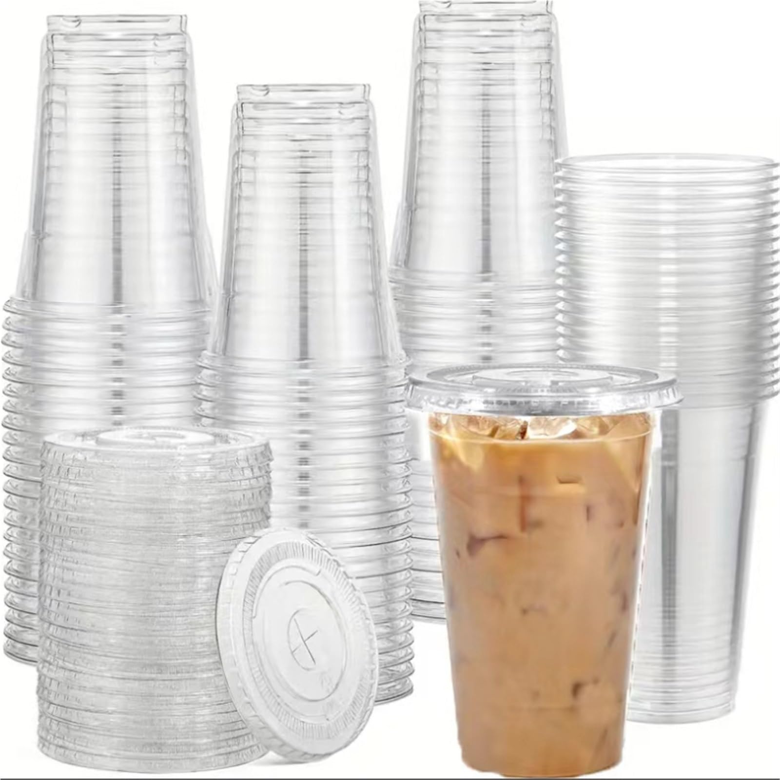 100 Stück durchsichtige Plastikbecher, flache Deckel, Trinkbecher für Party & mehr
