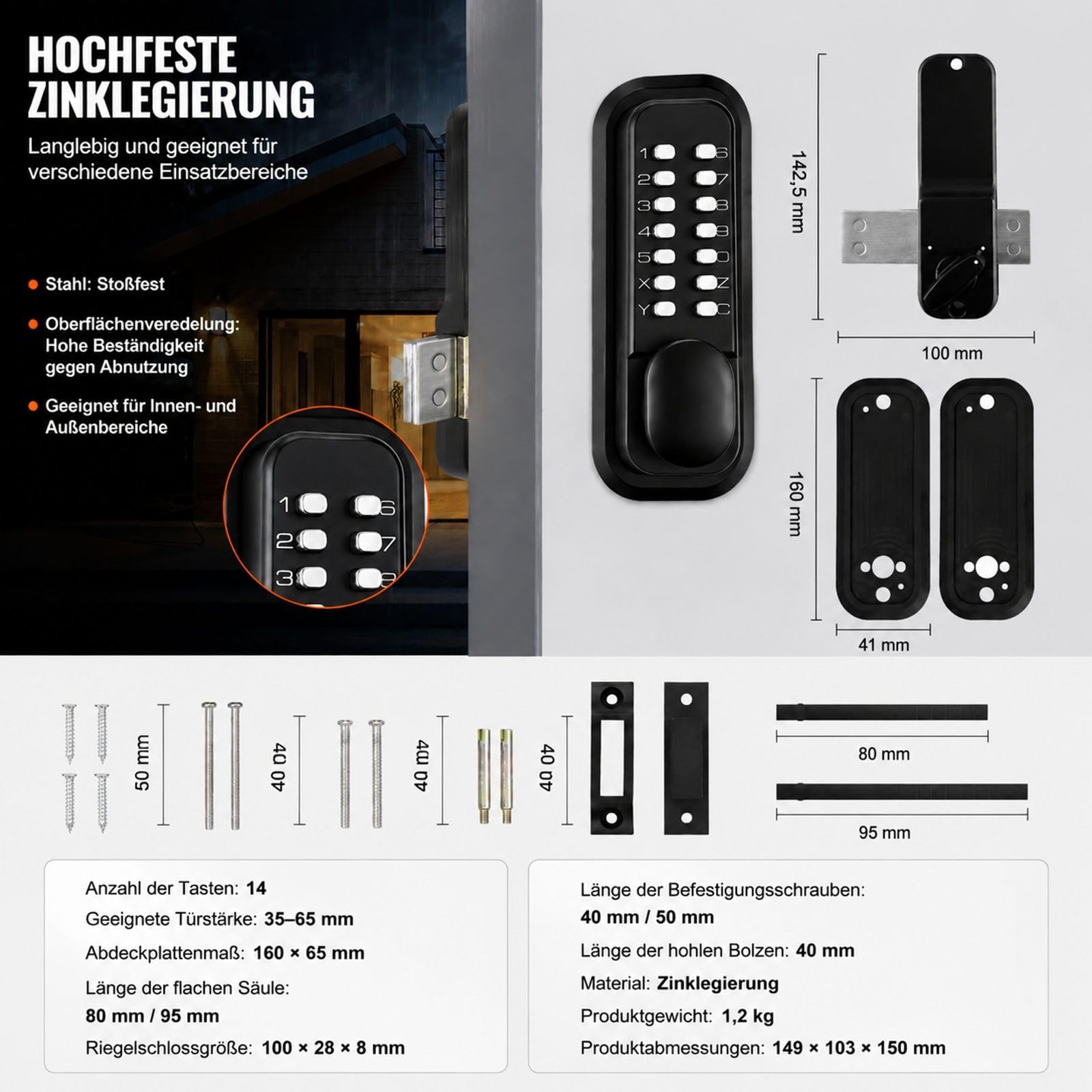 Mechanisches Türschloss mit Zahlencode, Tastatur und Drehknauf, Aufputzmontage, für Garage, Hotel, Büro und Studio