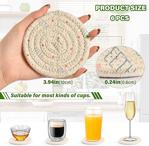 Miniatura 3 de innewgogo Teeth 6 Pcs Absorbent Drink Coasters for Tabletop Protection Handmade Round Woven Coaster with Holder & Heat Water Resistant Bulk Cup