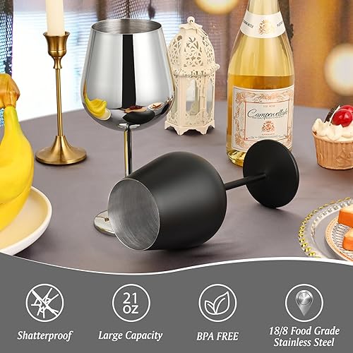 Miniatura 6 de Juego de 4 copas de vino de acero inoxidable, copas de vino de metal de 21 onzas con decantador y tapón, copa de vino de acero inoxidable con tallo