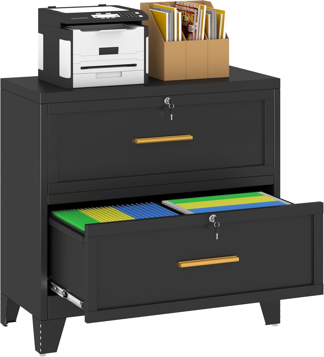 Metal Lateral File Cabinet with Lock,2 Drawer Steel Wide Filing Organization Storage Cabinets,Filing Cabinet for Legal/Letter/A4/F4 Size with Hanging Files&Key,Lockable Cabinet for Home Office