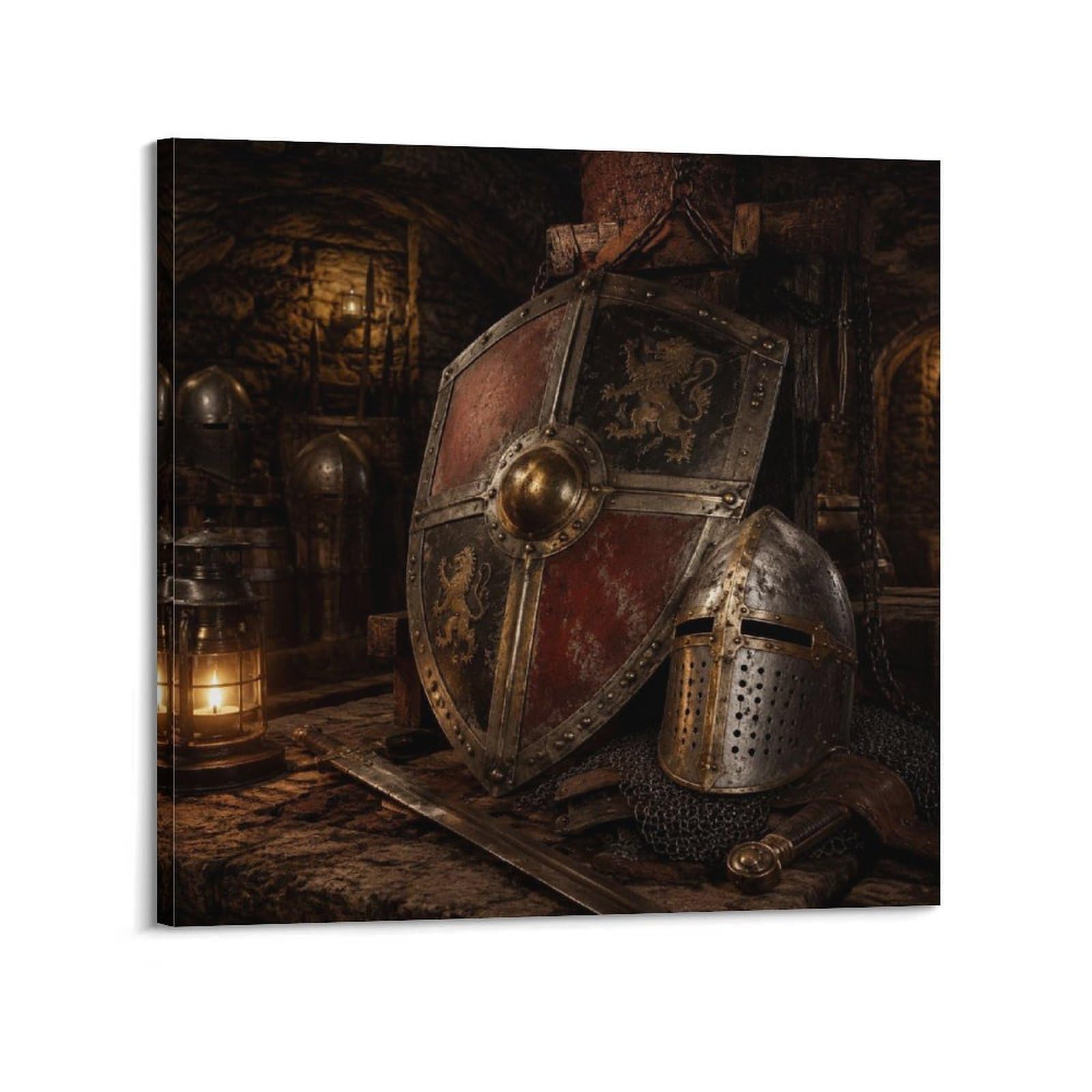 XKUGA Medieval Shield Vintage Poster Wood Cellar Helmet Tavern Relic Modern Decorative Canvas Prints - Ideal Wall Art for Family, Man Cave, Game Room, Boys & Girls Bedroom 12x12inch(30x30cm)
