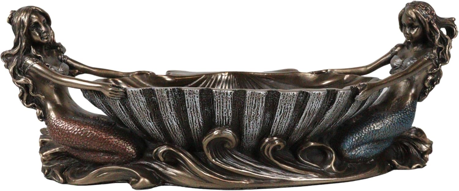 Ebros Gift Nautical Coastal Marine Decor Two Siren Sisters Mermaids Holding Giant Oyster Clam Shell Soap Dish Figurine 9.75" Long Twin Mermaid Fantasy Jewelry Dish Holder